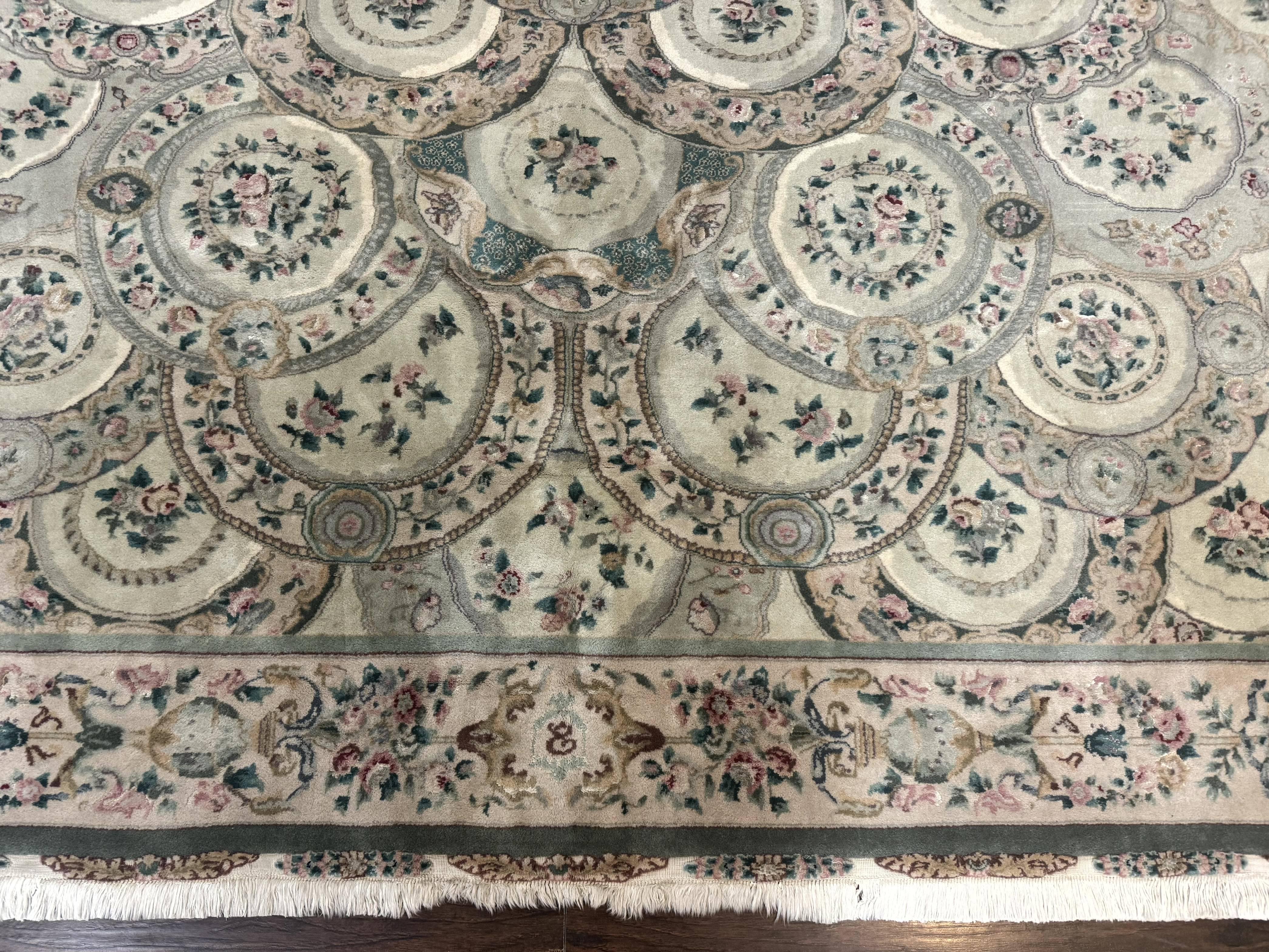 Pak Persian Rug 9x12, Wool with Silk Highlights, European Design, Floral, Green - Jewel Rugs