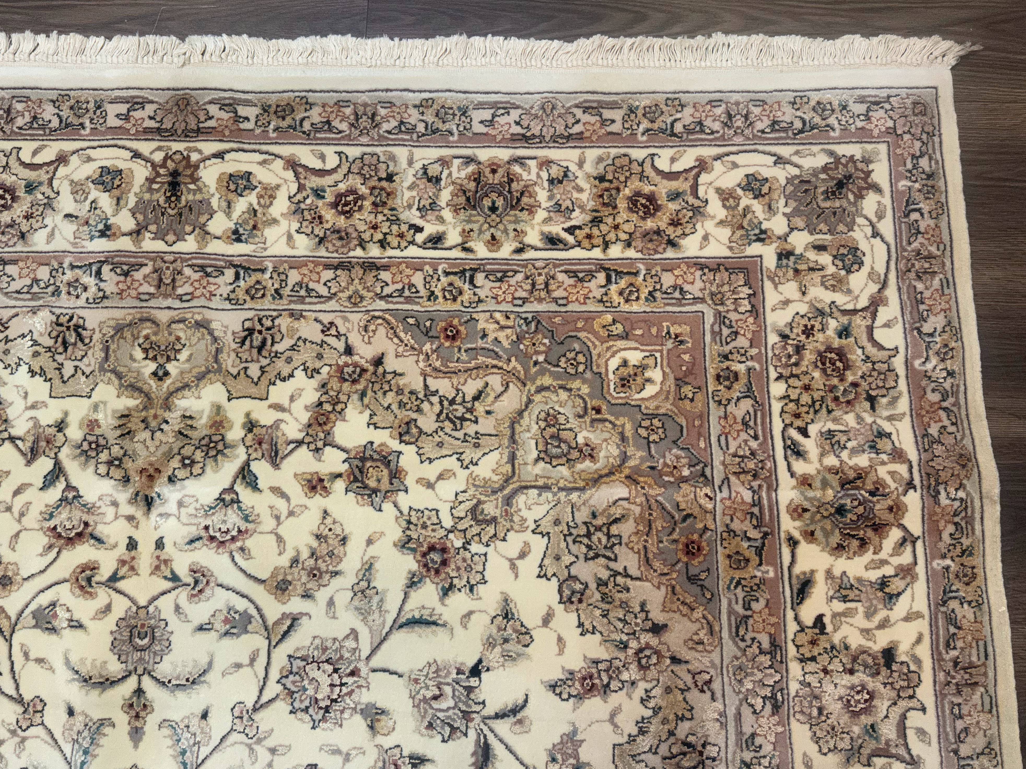 Sino Persian Rug 6x9, Floral Medallion, Ivory & Taupe, Wool with Silk Highlights, Fine 210 KPSI - Jewel Rugs