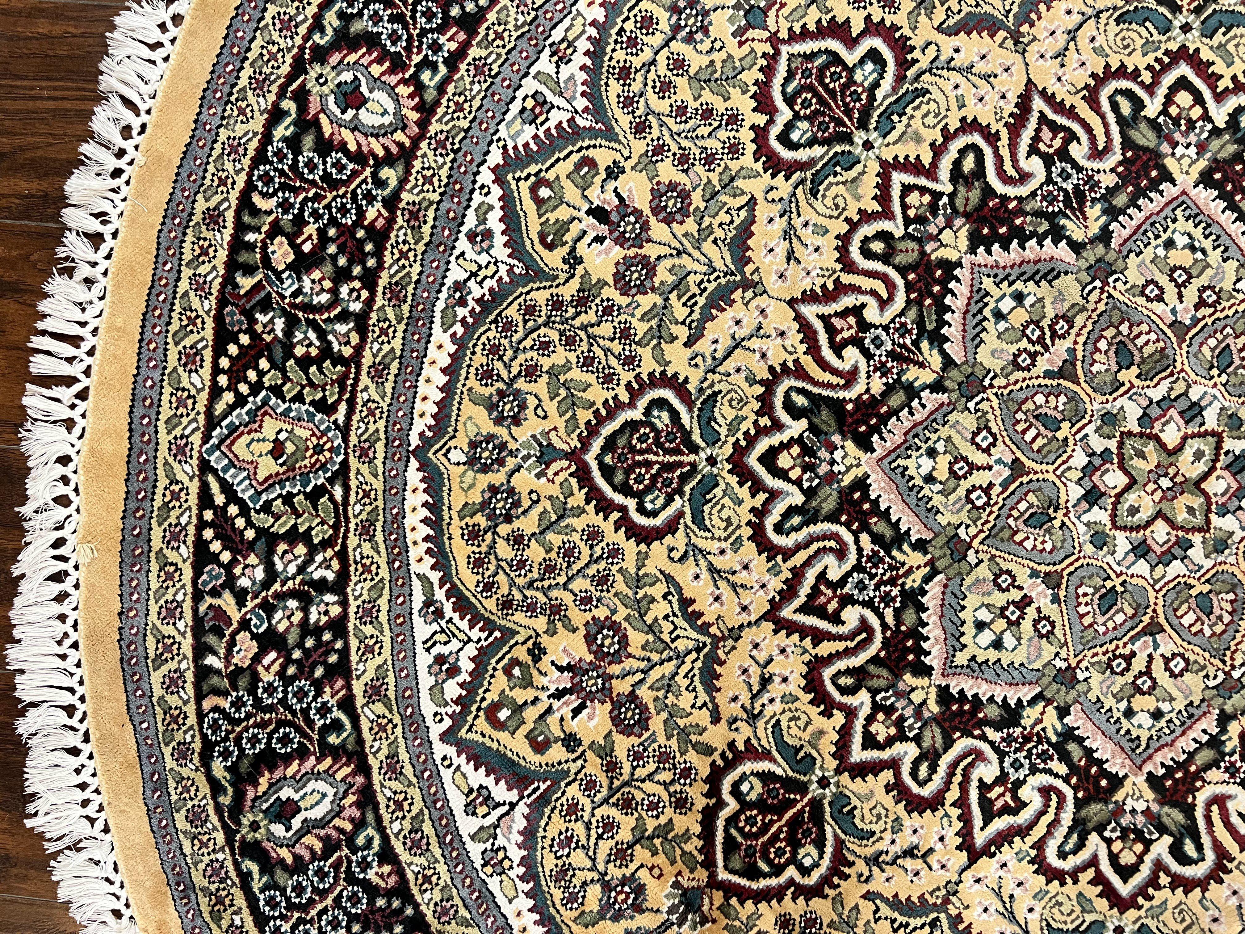 Round Silk Indian Kashmiri Rug 6x6, Hand Knotted Handmade Vintage Oriental Carpet, 6ft Round Rug with Medallion, Cream - Jewel Rugs