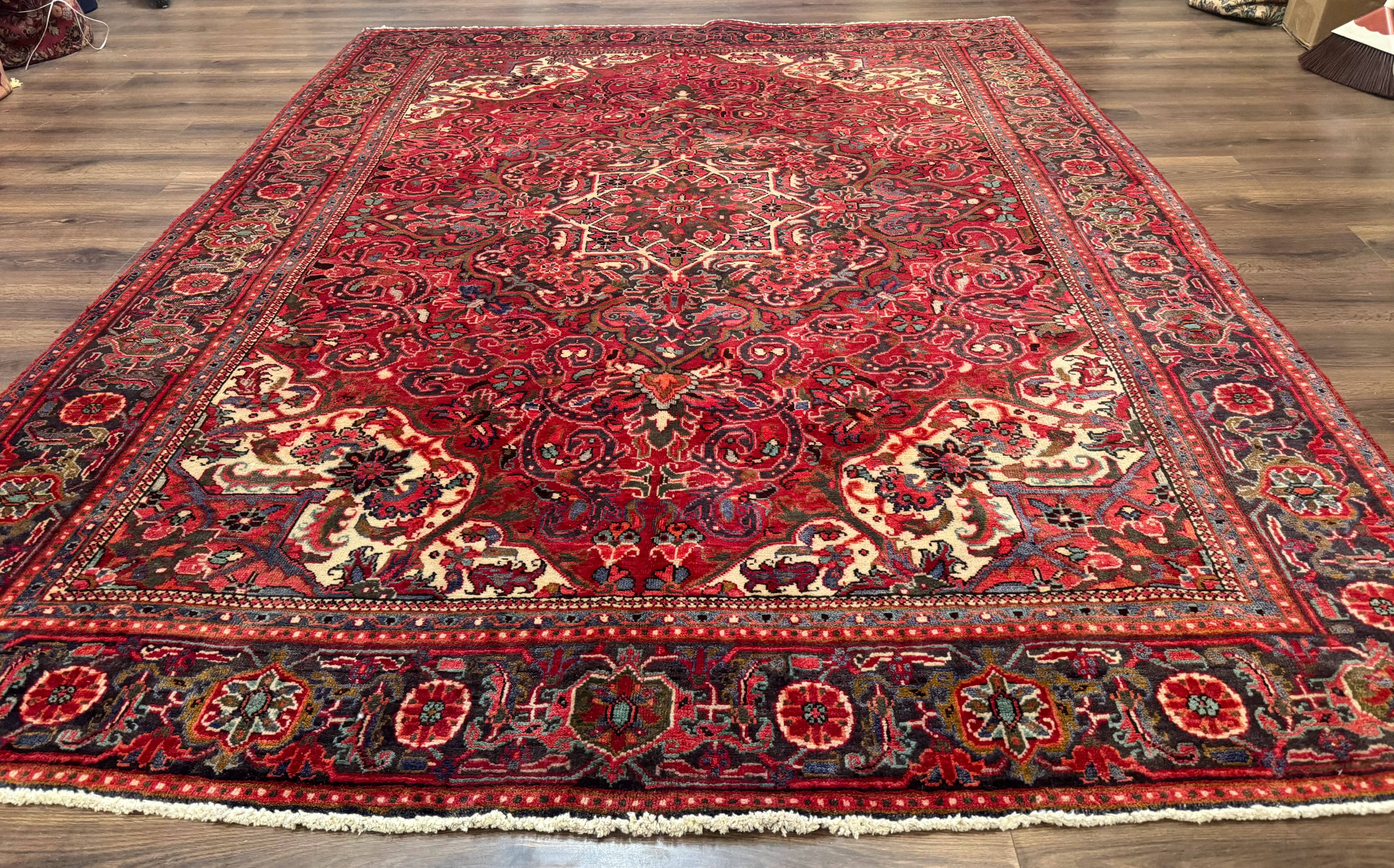 Persian Heriz Rug 7x10, Red and Navy, Geometric Medallion, Vintage Wool Carpet - Jewel Rugs