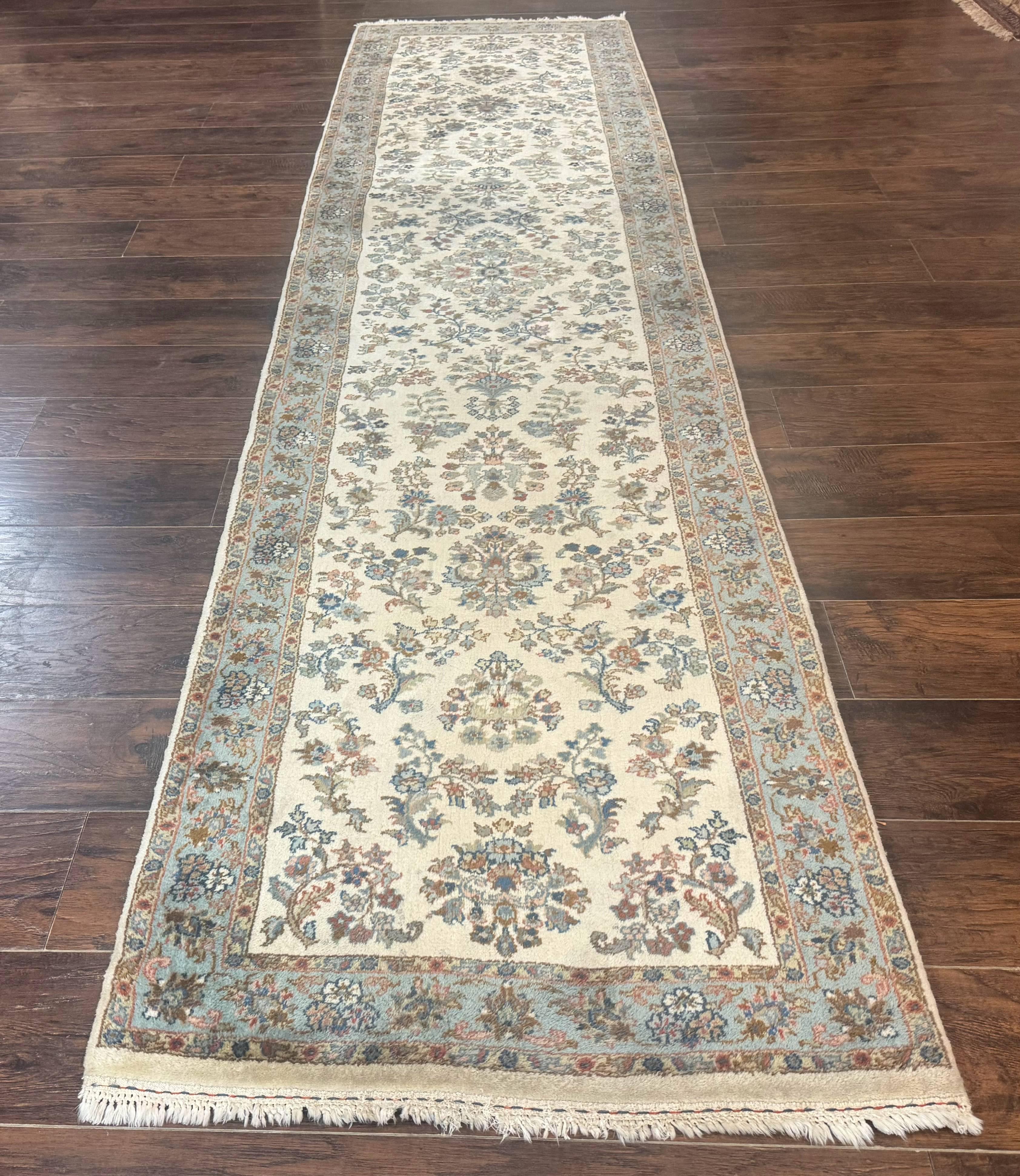 Indo Persian Sarouk Runner Rug 3x12, Cream and Light Blue, Oriental Runner for Hallway or Kitchen 3 x 12 - Jewel Rugs