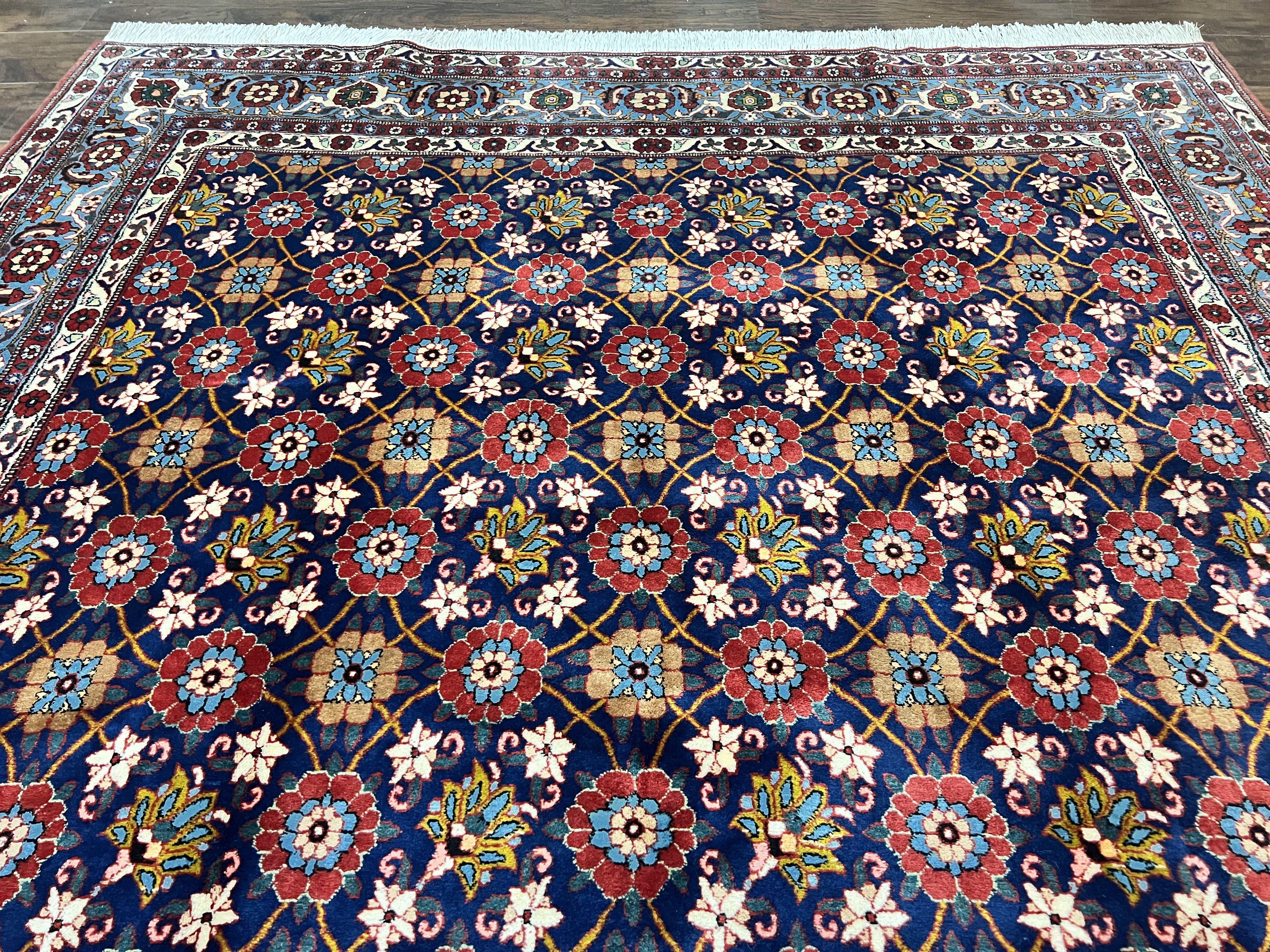 Persian Veramin Rug 7x11, Repeated Allover Pattern, Handmade Vintage Carpet, Navy Blue - Jewel Rugs