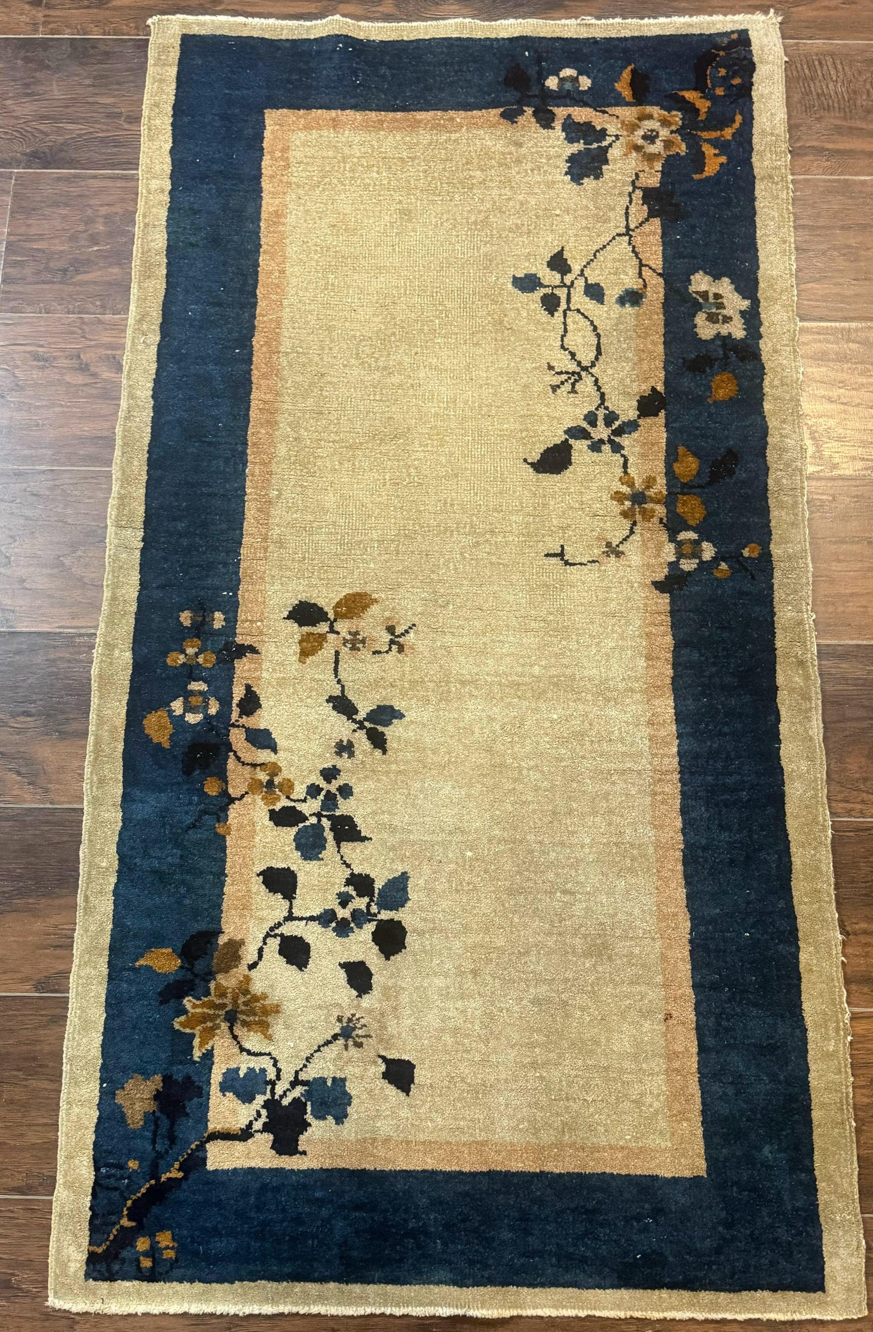 Antique Chinese Wool Rug 2.7 x 5, Simple Design, Peking Carpet, 1920s Rug, Beige and Blue, Floral - Jewel Rugs