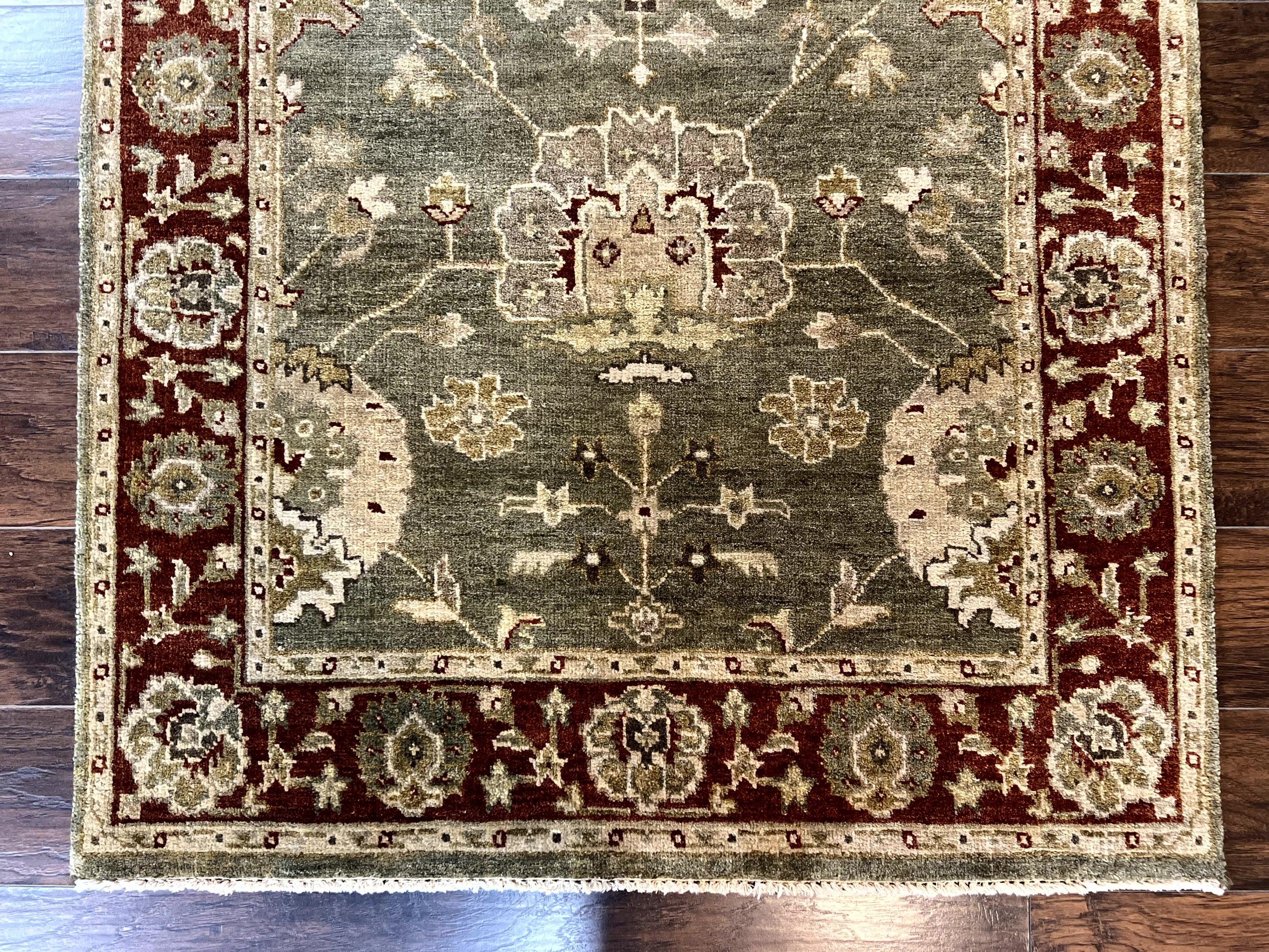 Indo Oushak Rug 4x6, Green and Maroon, Vintage Wool Floral Rug, Indian Agra Rug - Jewel Rugs