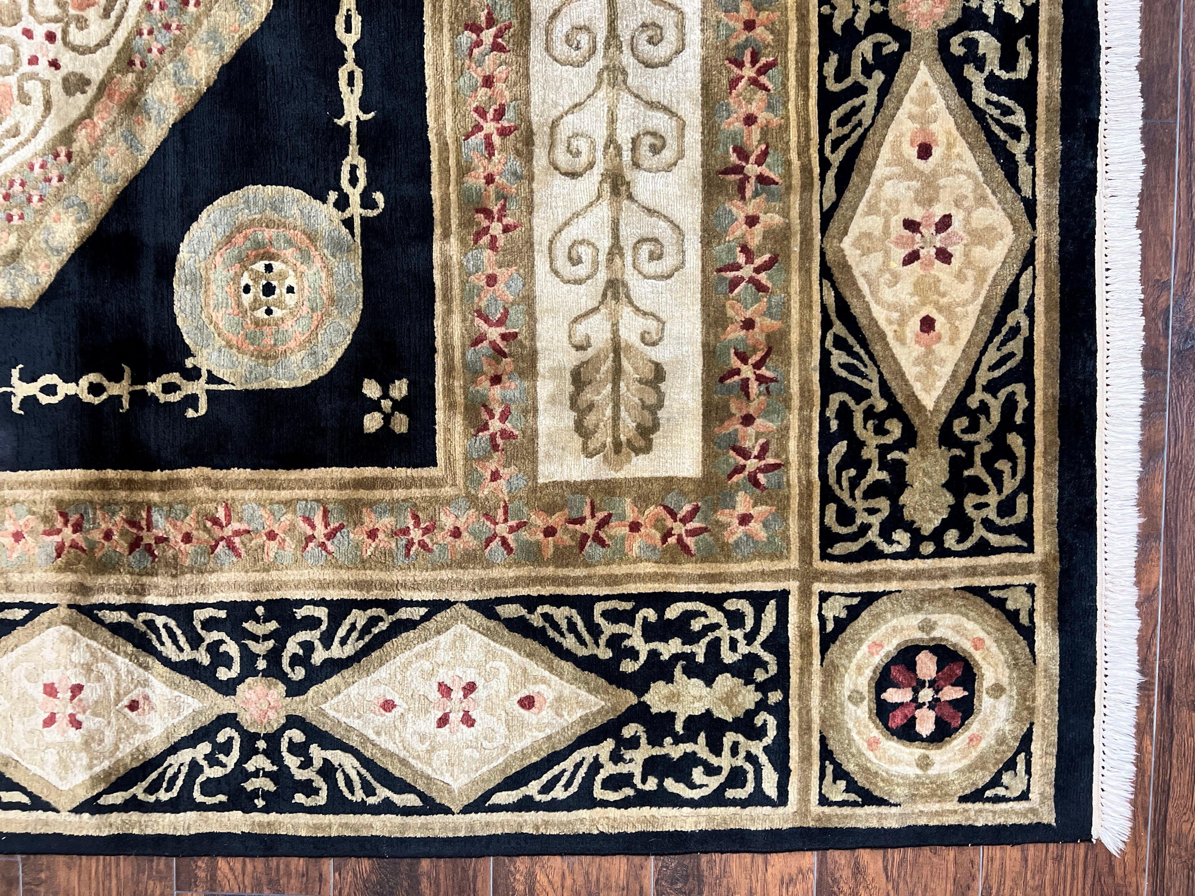 Tibetan Rug 8x10, Nepali Area Rug, Soft New Zealand Wool Carpet 8 x 10 ft, Black Tan Beige, Vintage Handmade Rug, French Aubusson Pattern - Jewel Rugs