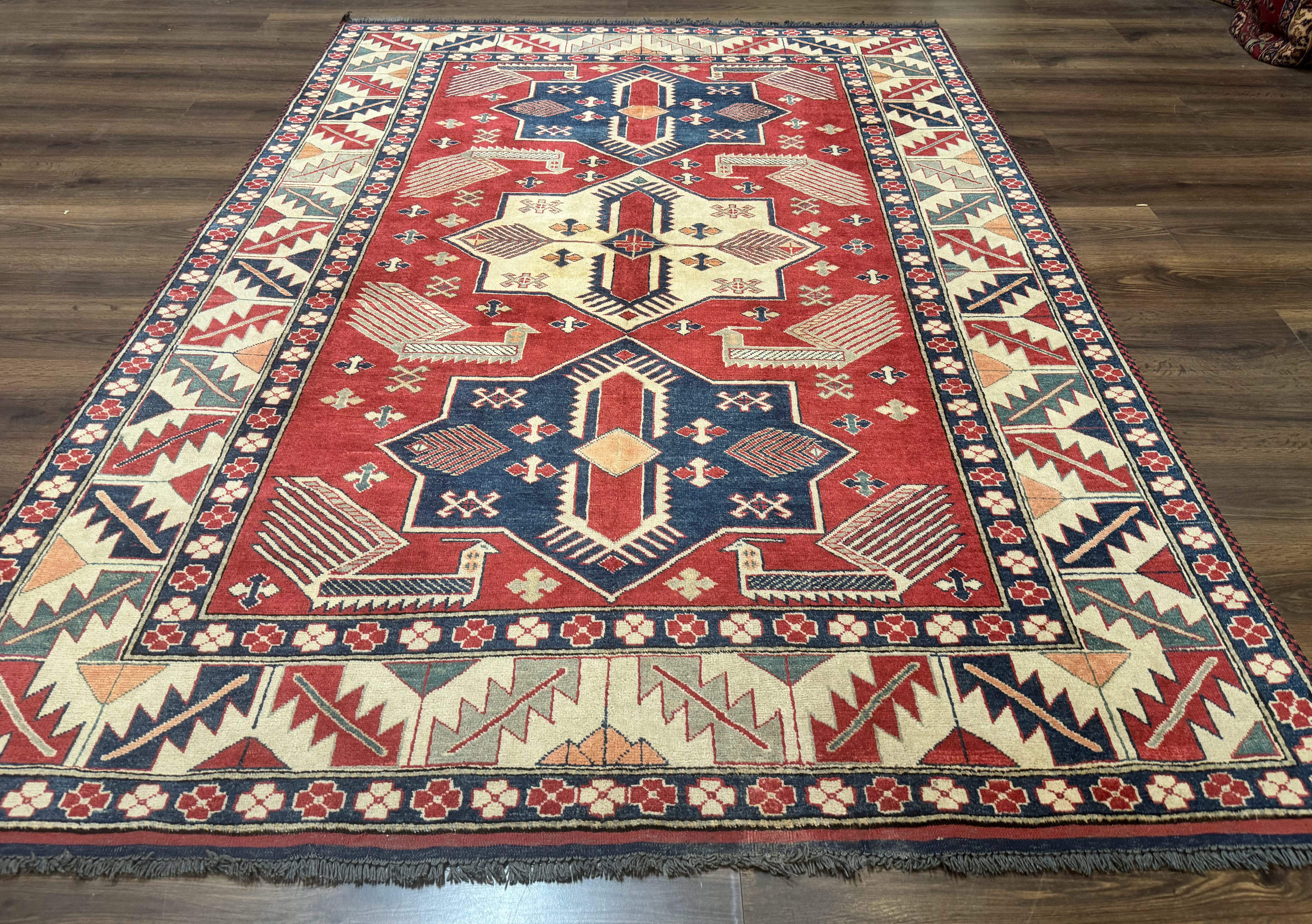 Turkish Kazak Rug 6x8, Caucasian Design, Geometric Medallions, Red Blue Beige - Jewel Rugs