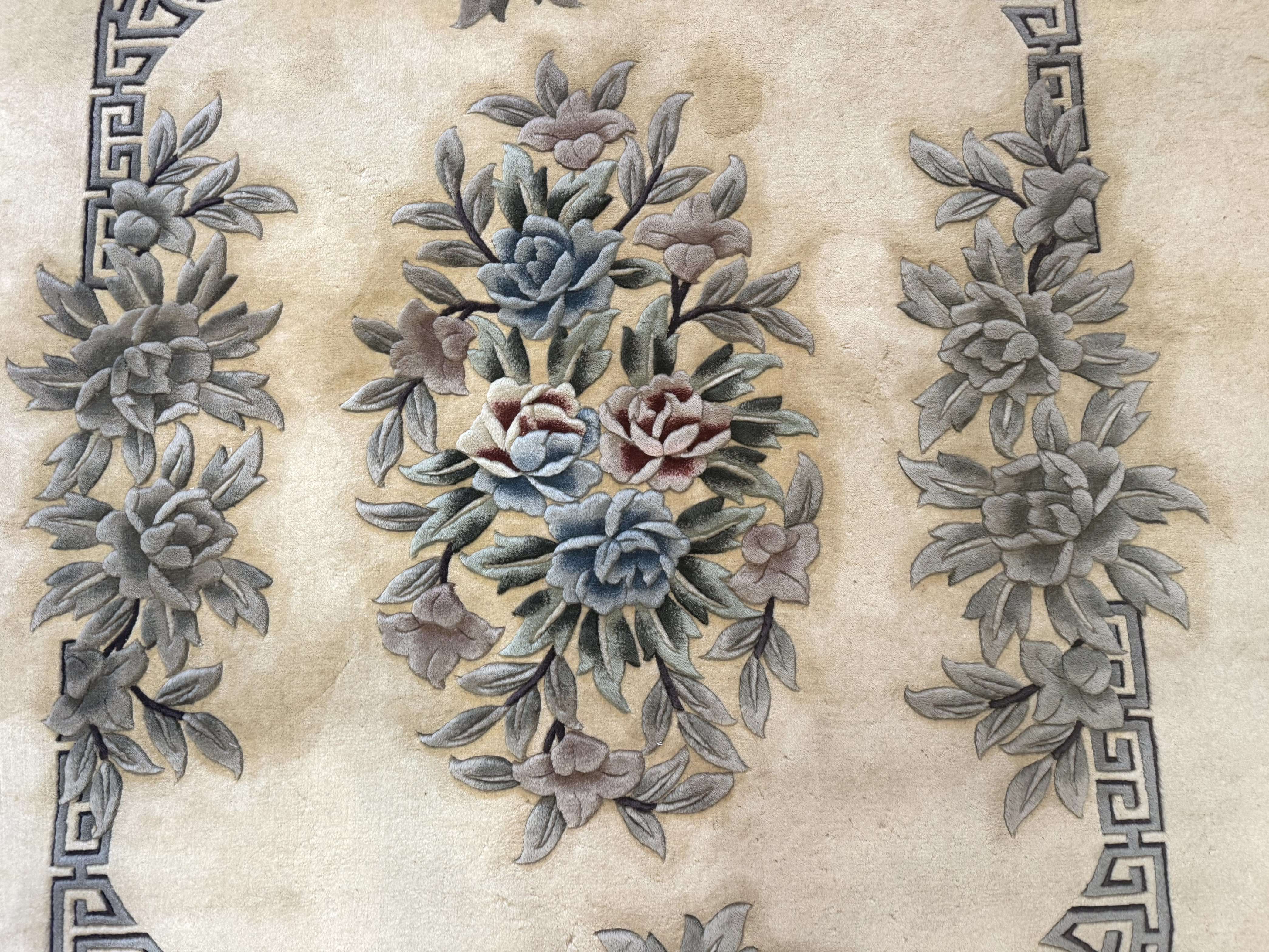 Chinese Wool Rug 9x12, Carving 90 Line Carpet, Floral, Cream and Green - Jewel Rugs