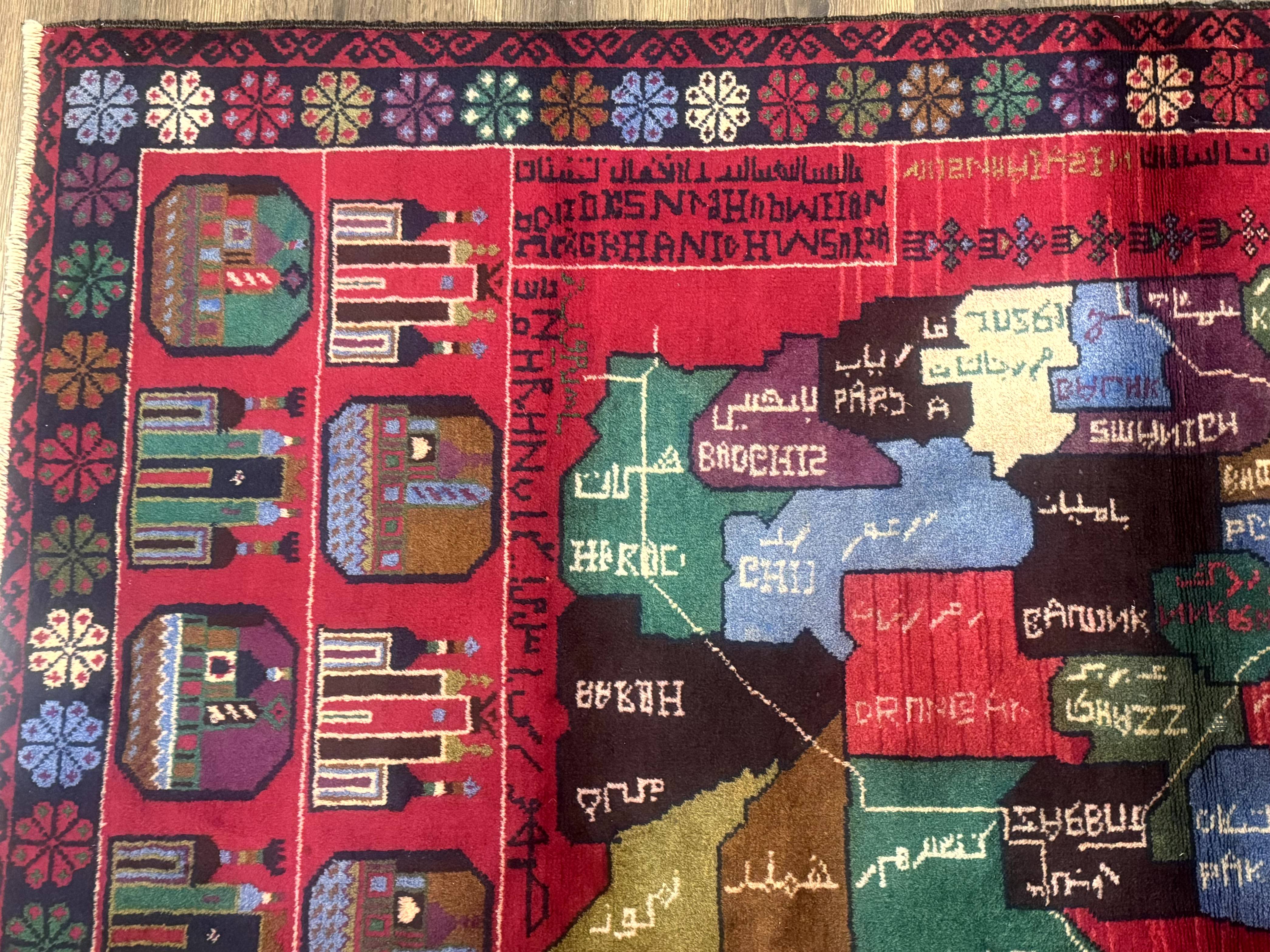 Afghan Rug 3x7, Map of Afghanistan, War Rug, Tribal Rug, Balouch Rug, New, Red - Jewel Rugs