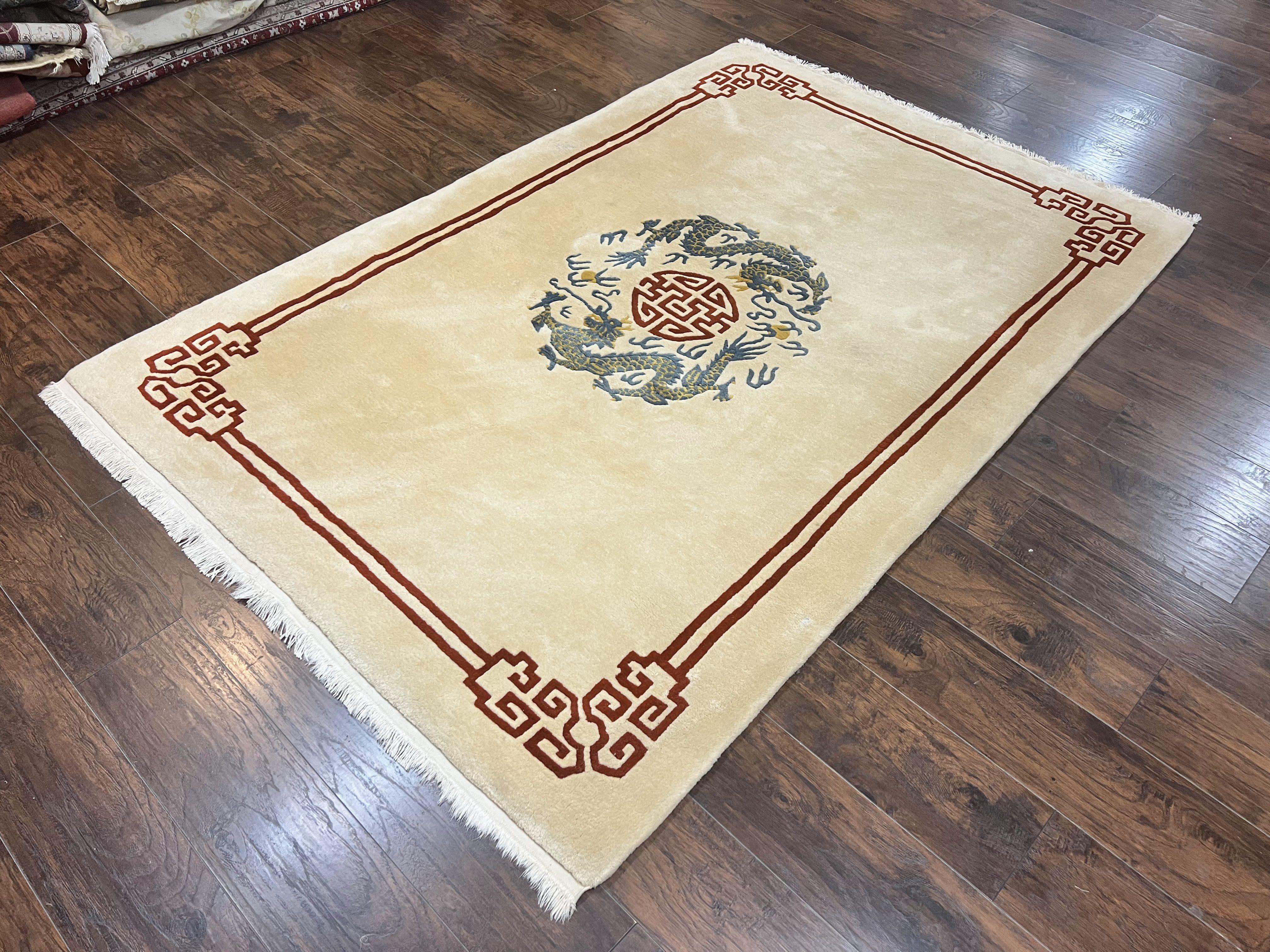 Chinese Wool Rug 5x8, Chinese Dragon Rug 5 x 8, Peking Carpet, Simple Design, Ivory, Wool Vintage Handmade Asian Art Deco Oriental Rug - Jewel Rugs