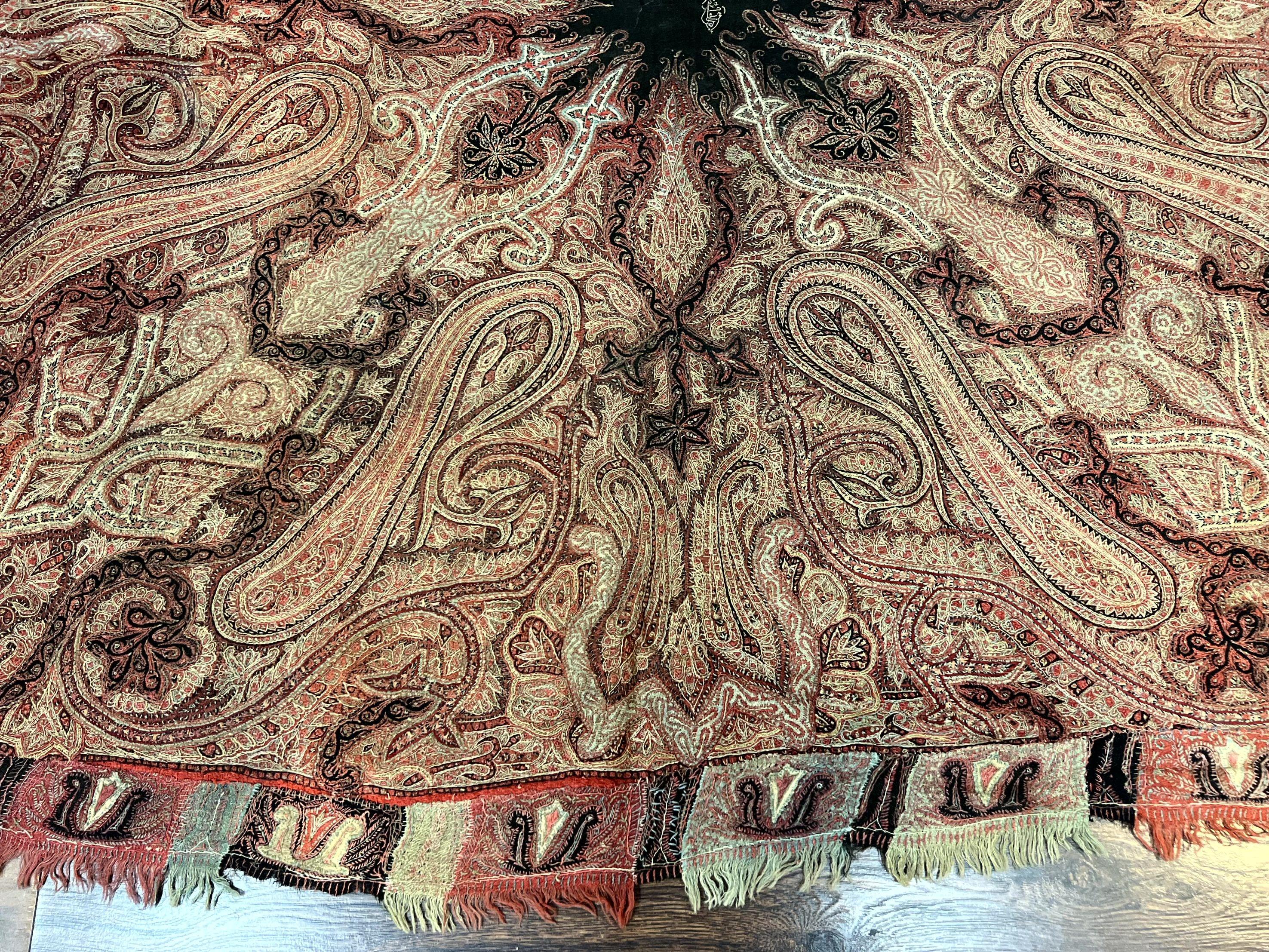Antique Indian Kashmiri Shawl, Needlework, Signed By Masterweaver, Handmade, Rare - Jewel Rugs