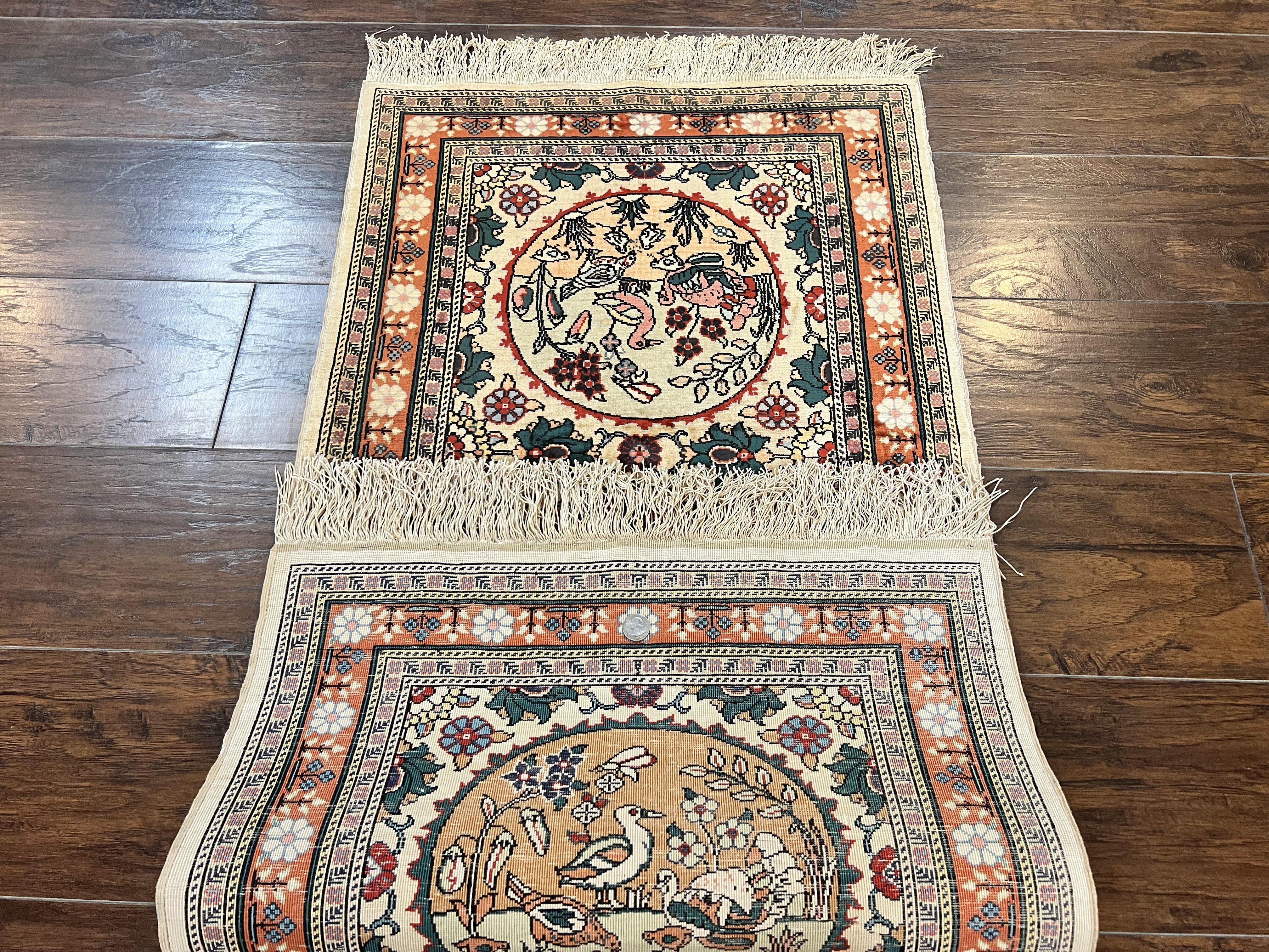 Silk Turkish Rug 2x4, Fine Handmade Oriental Rug, Animal Pictorial Birds Silk Pile on Silk Foundation Vintage Hand Knotted Hereke Carpet - Jewel Rugs