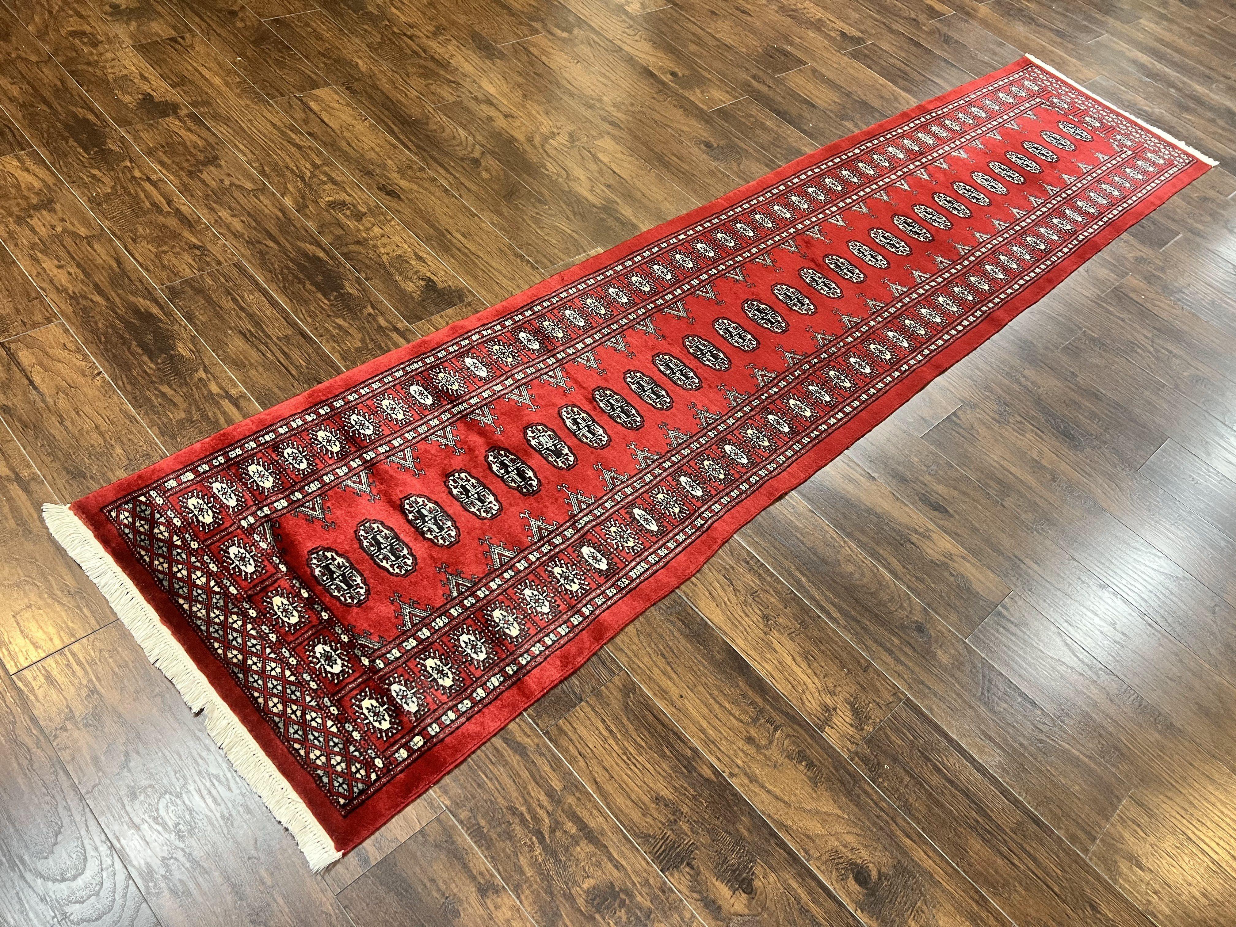 Pakistani Runner Rug 2.8 x 12, Bokhara Turkoman Runner, Wool Hand Knotted Vintage Hallway Rug, Red Ivory & Black - Jewel Rugs