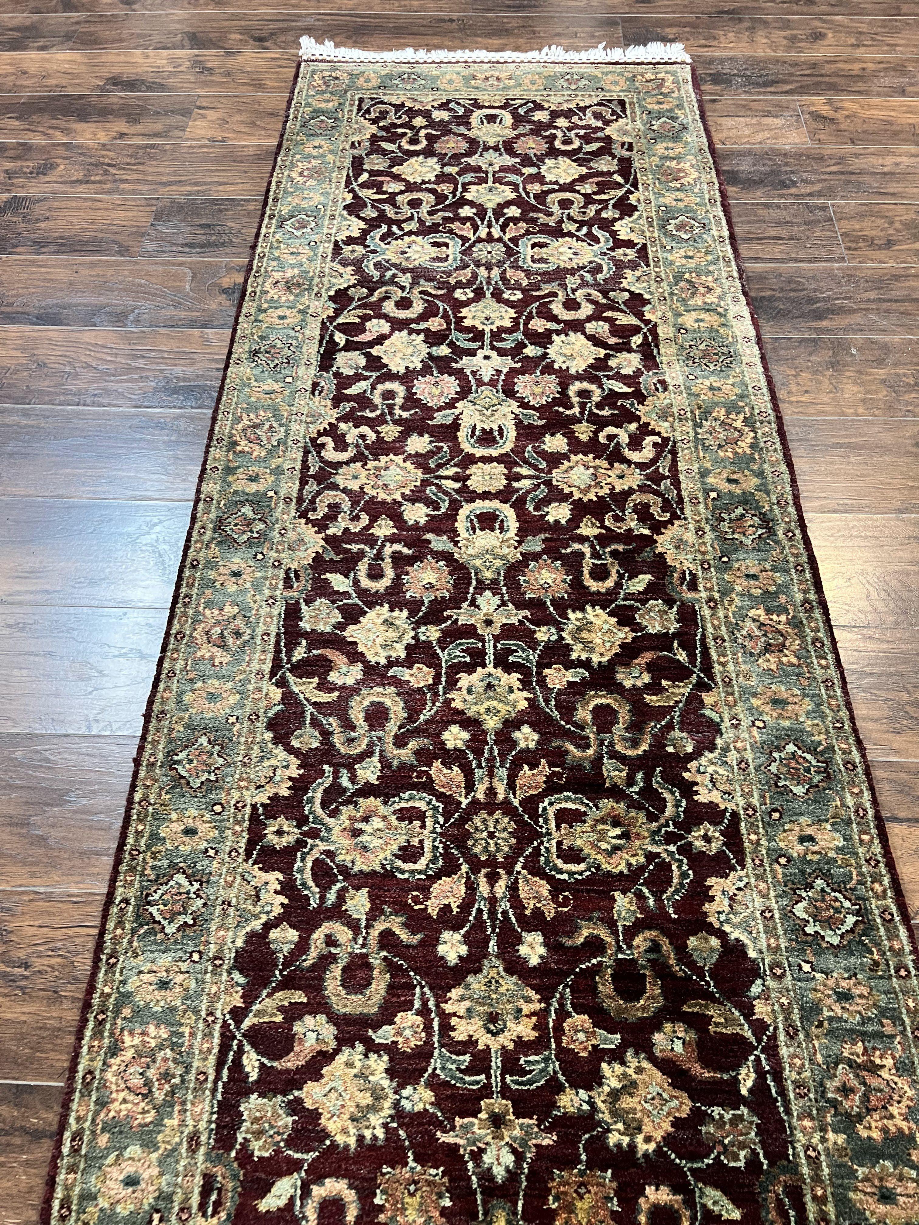 Indian Runner Rug 3x12, Indo Persian Runner for Hallway 3 x 12 ft, Dark Purple and Green, Floral Allover, Wool Handmade Vintage Traditional - Jewel Rugs