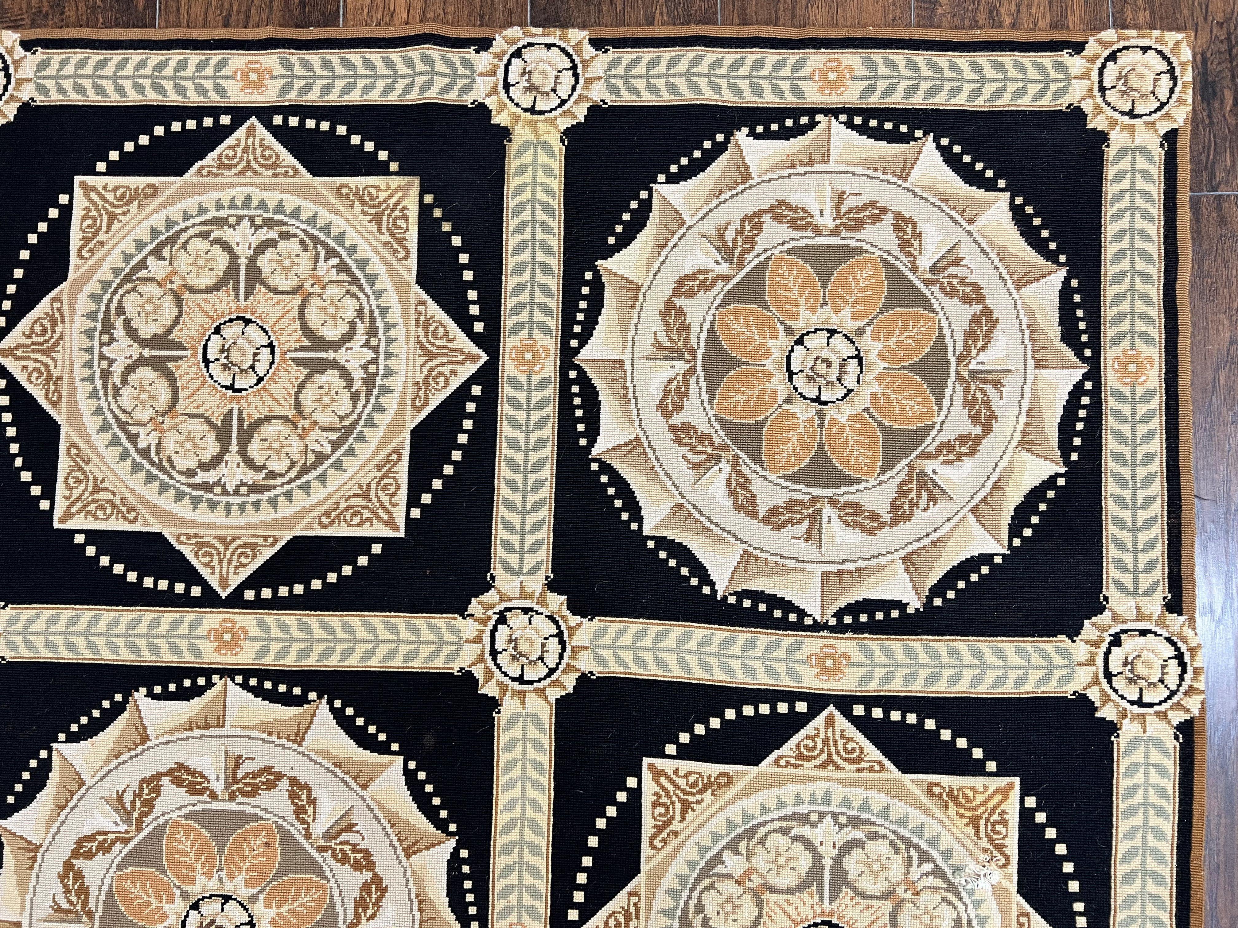 Needlepoint Rug 8x10, Black Tan Beige, Panel Design, Wool Handwoven Handmade Flatweave Needlepoint Carpet, Vintage French European Rug - Jewel Rugs