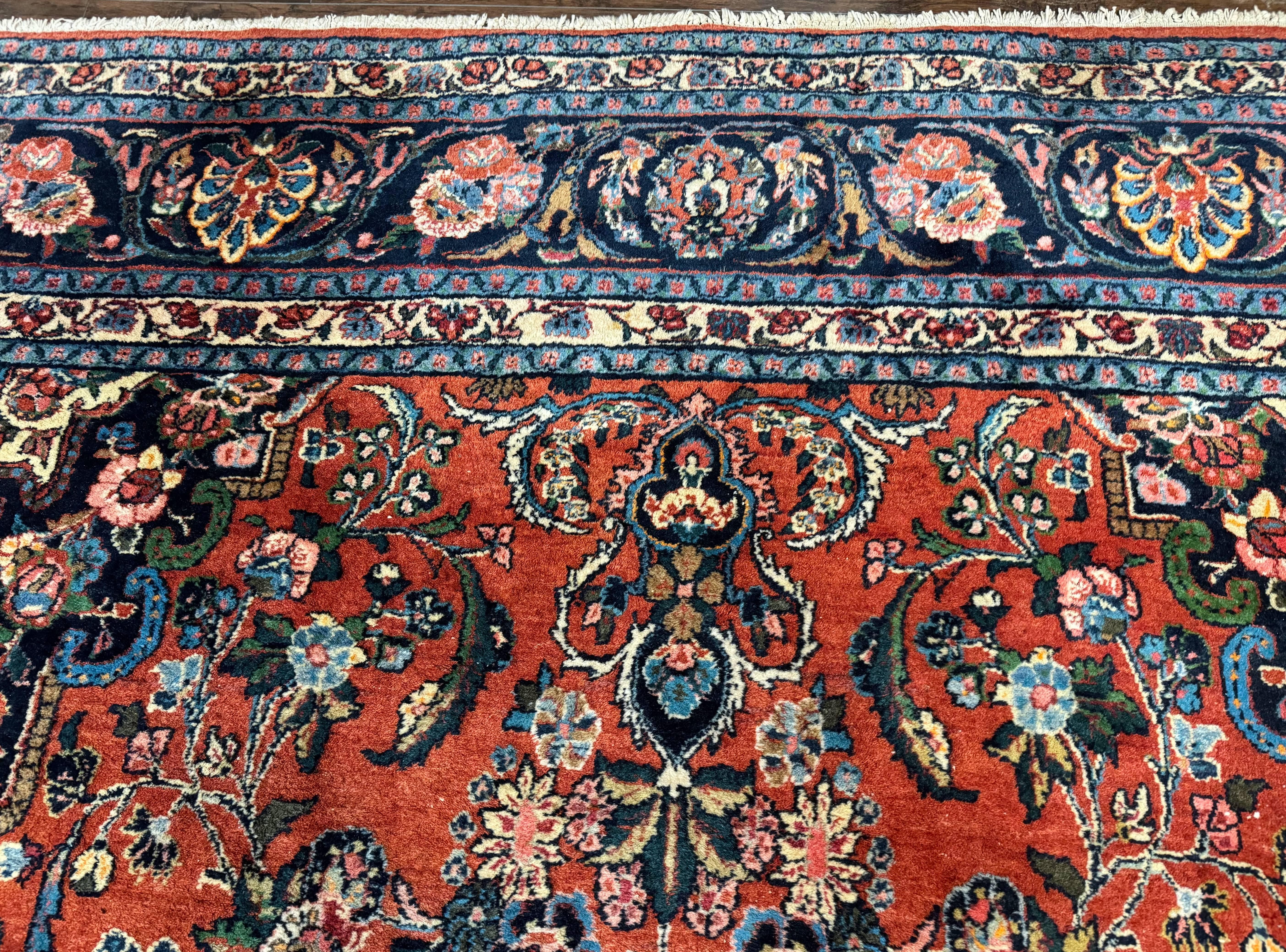Palace Sized Antique Persian Rug 9x19, Handmade Wool Persian Carpet, Red Navy Blue, Floral Medallion - Jewel Rugs