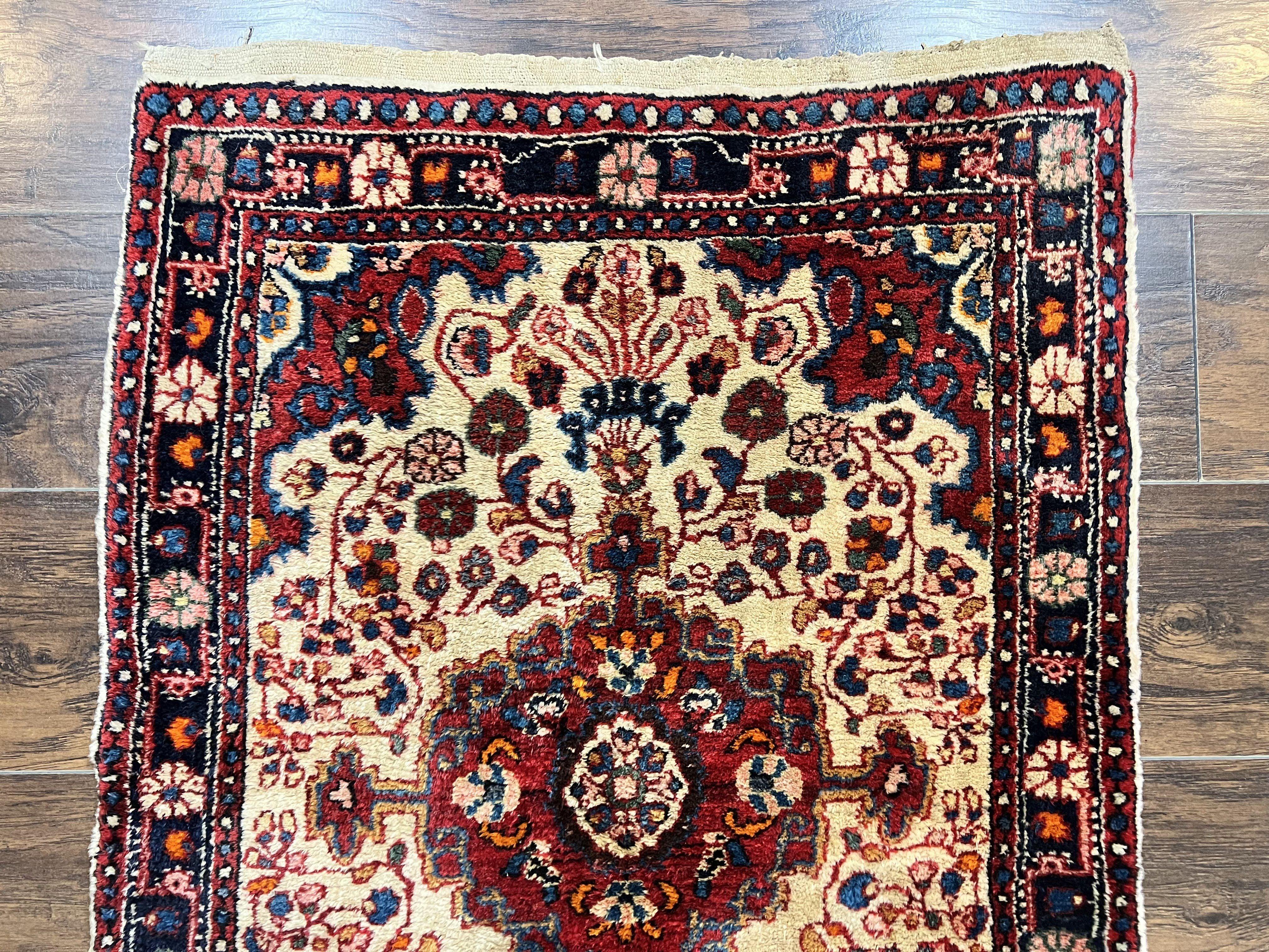 Persian Sarouk Rug 2x3, Antique Wool Hand Knotted Carpet, Cream/Ivory & Red, Small Floral Medallion Rug, Handmade Oriental Carpet - Jewel Rugs