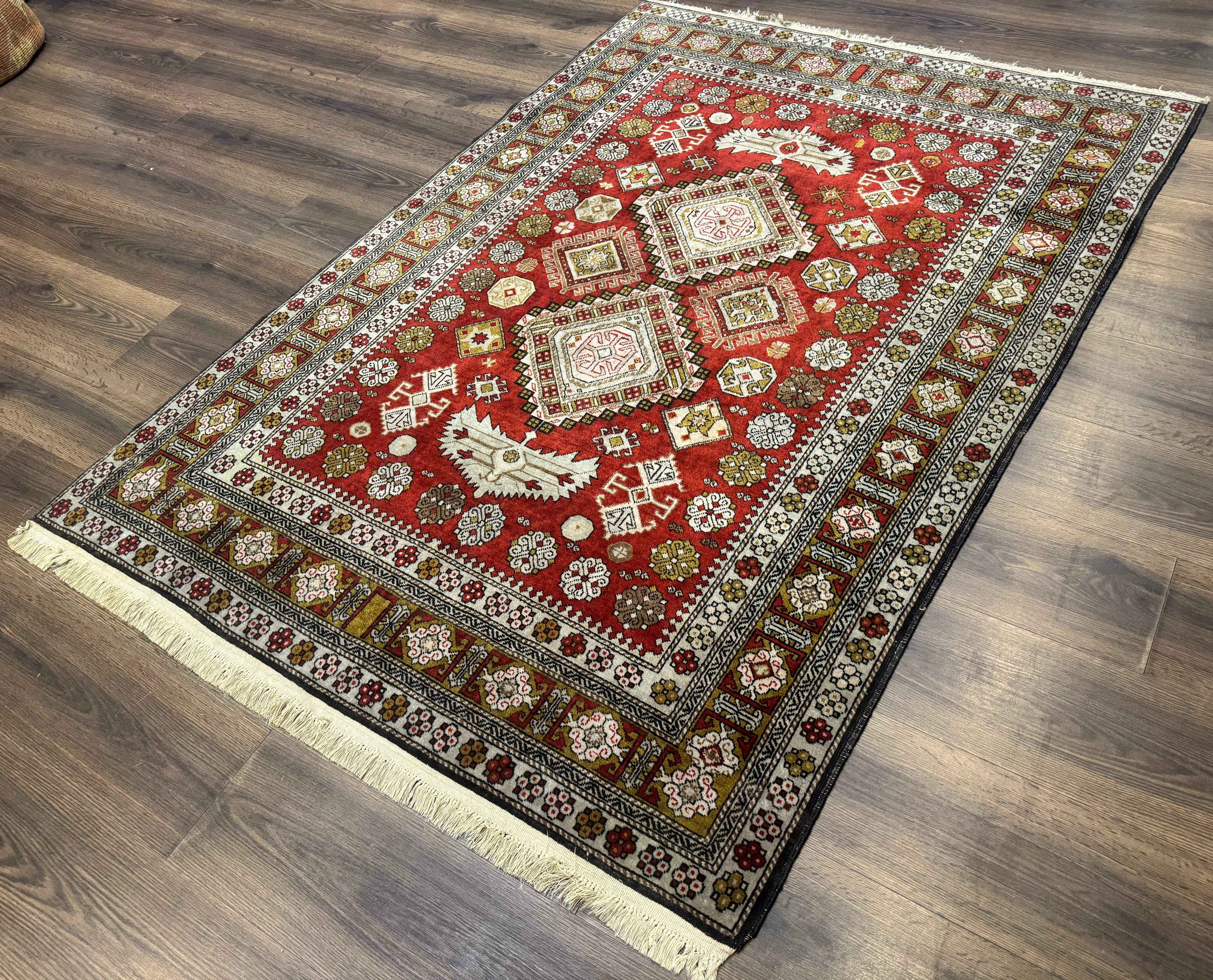 Caucasian Rug 4x6 – Rust Red, Hand-Knotted Wool Shirvan Carpet, Geometric Medallions - Jewel Rugs