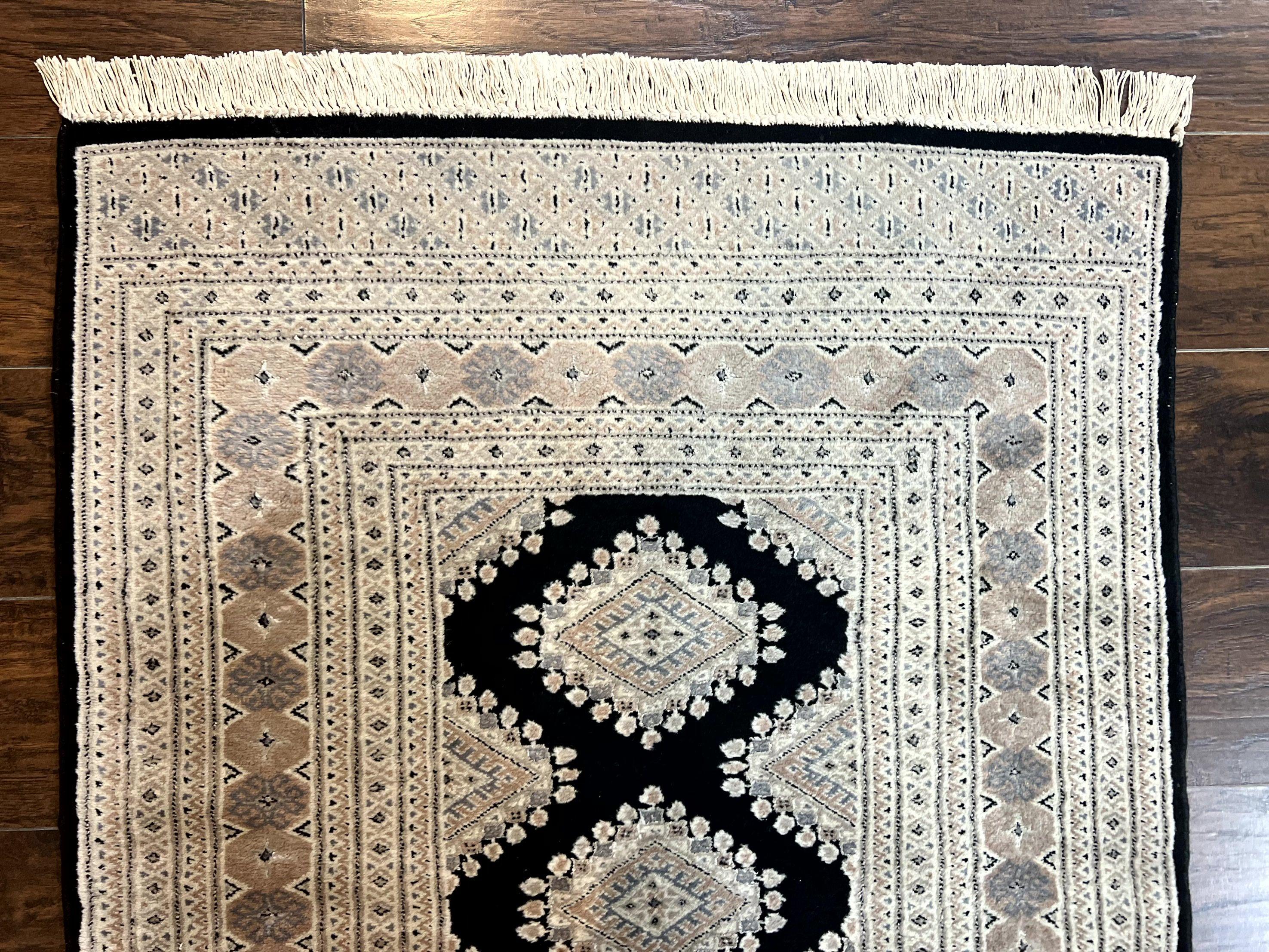 Pakistani Bokhara Rug 3x5, Vintage Turkoman Carpet, Black Gray, Handmade Wool Rug, Tribal - Jewel Rugs