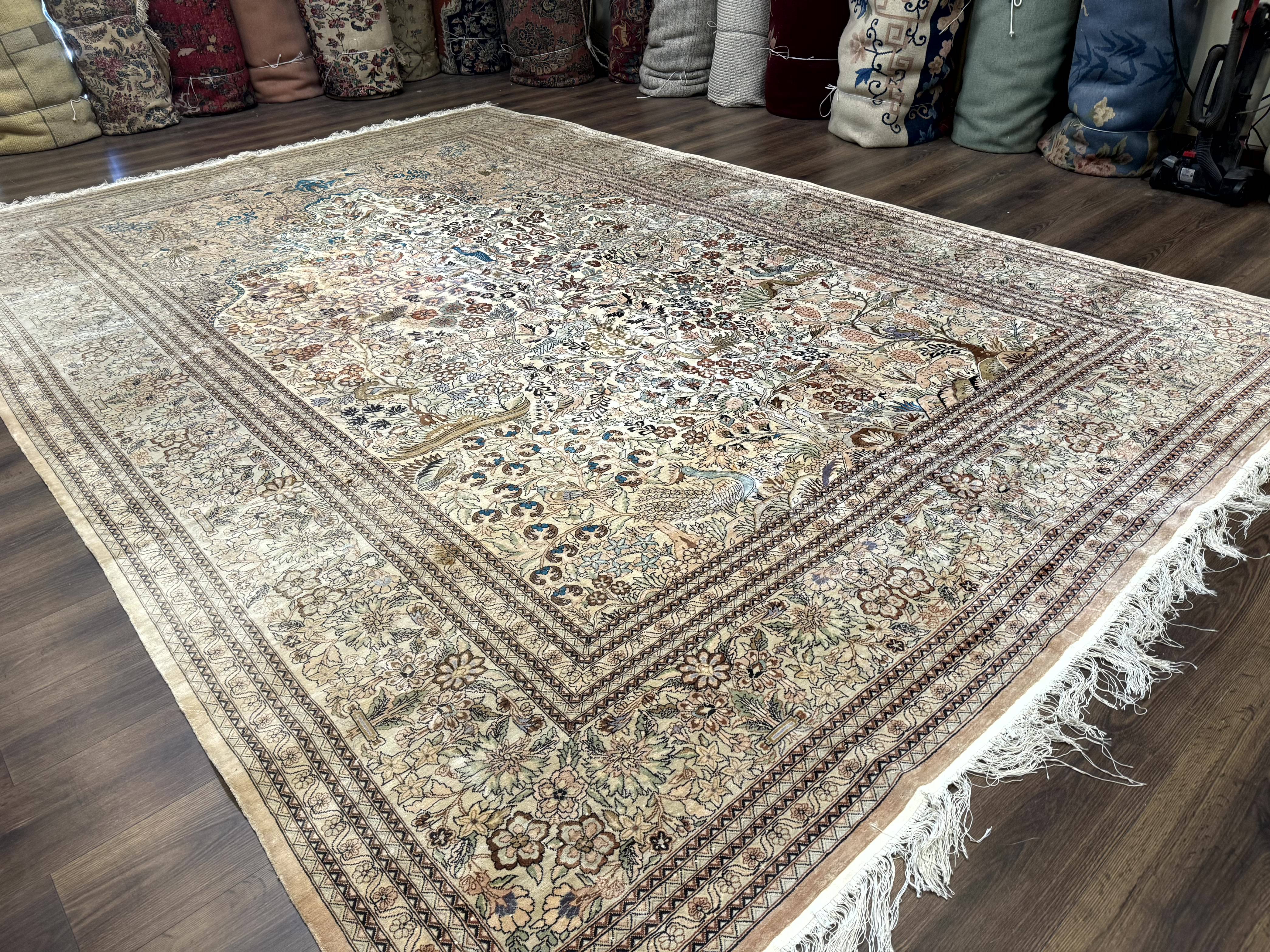 Indian Kashmiri Rug 9x14 Tree of Life Silk on Silk Animal Pictorials - Jewel Rugs