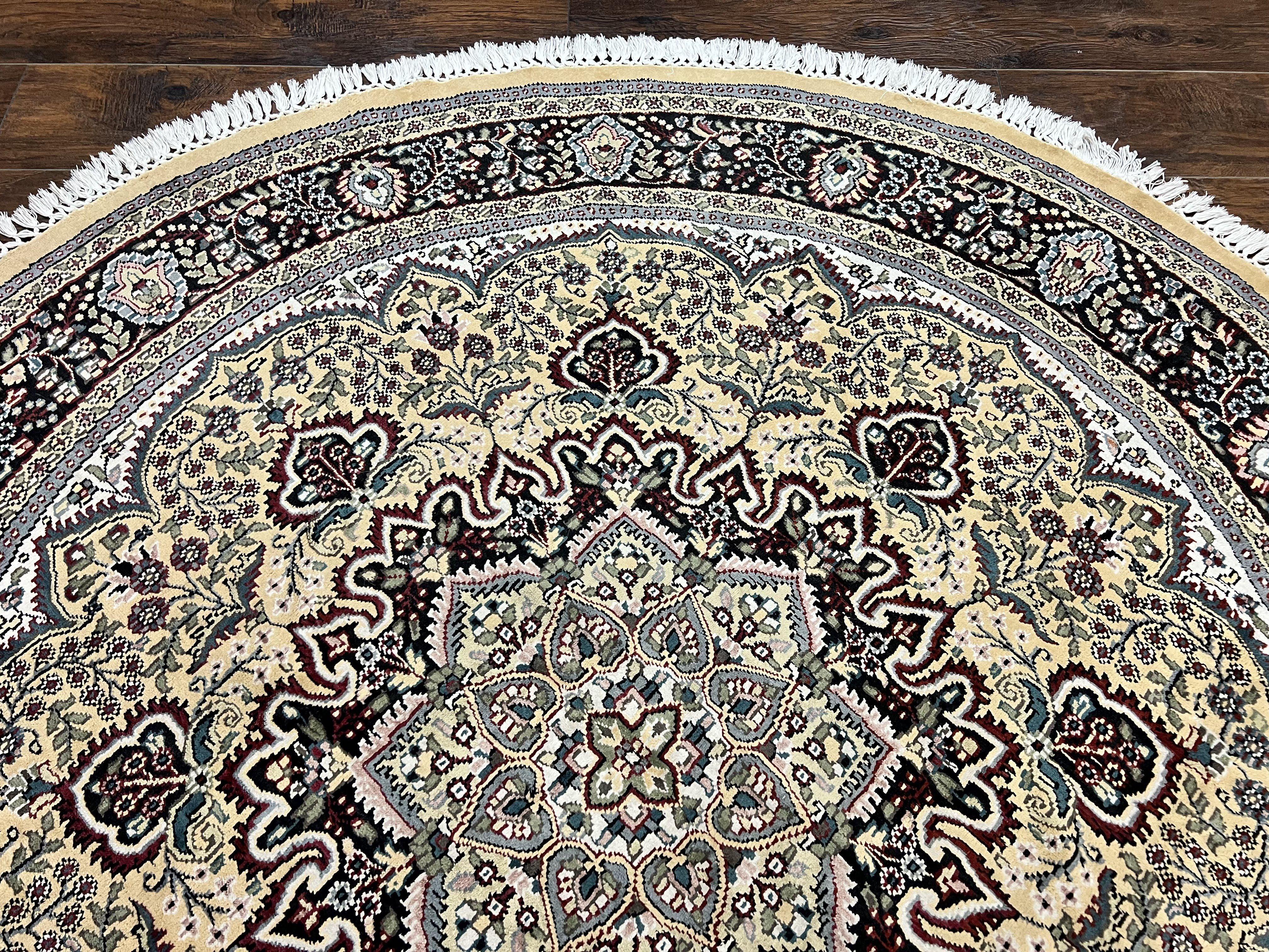 Round Silk Indian Kashmiri Rug 6x6, Hand Knotted Handmade Vintage Oriental Carpet, 6ft Round Rug with Medallion, Cream - Jewel Rugs