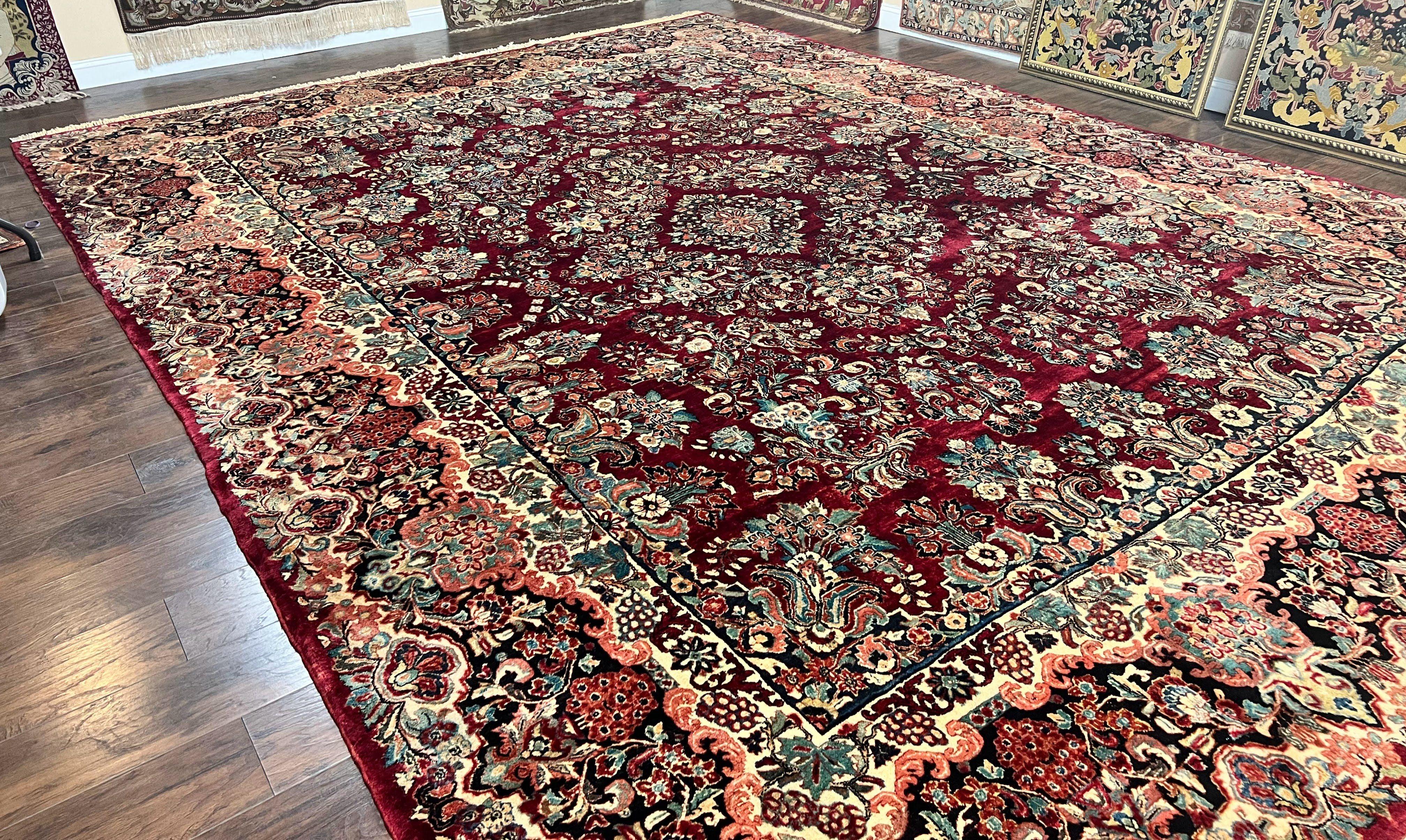 Persian Sarouk Rug 12x17, Wool Hand Knotted Antique Carpet, Dark Red, Traditional Floral Oriental Rug, 12 x 17 Extra Large Handmade Rug - Jewel Rugs