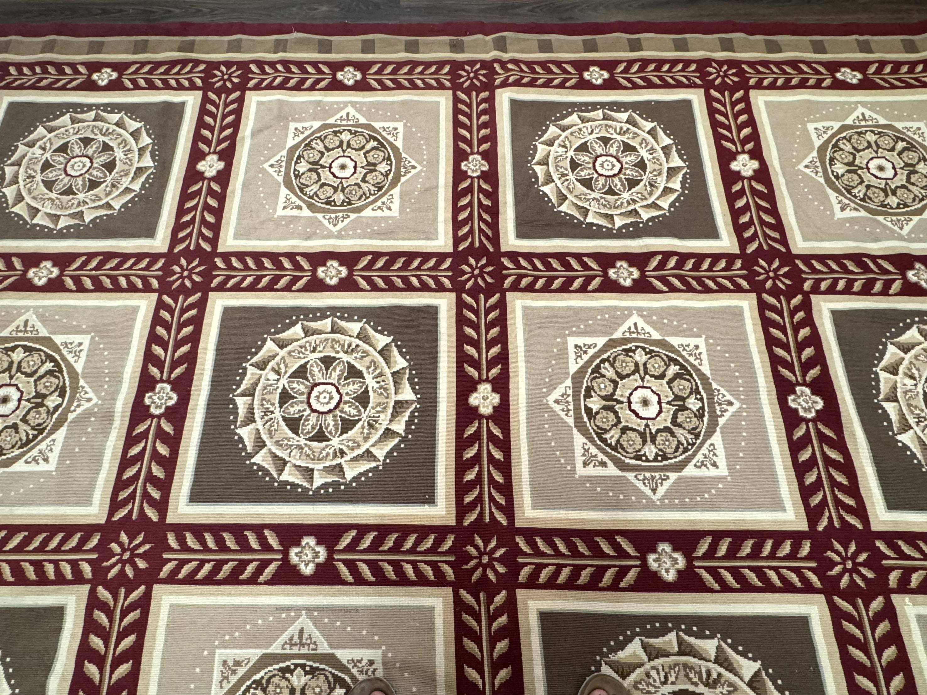 Needlepoint Rug 9x12, Panel Design, Burgundy Taupe, Elegant - Jewel Rugs