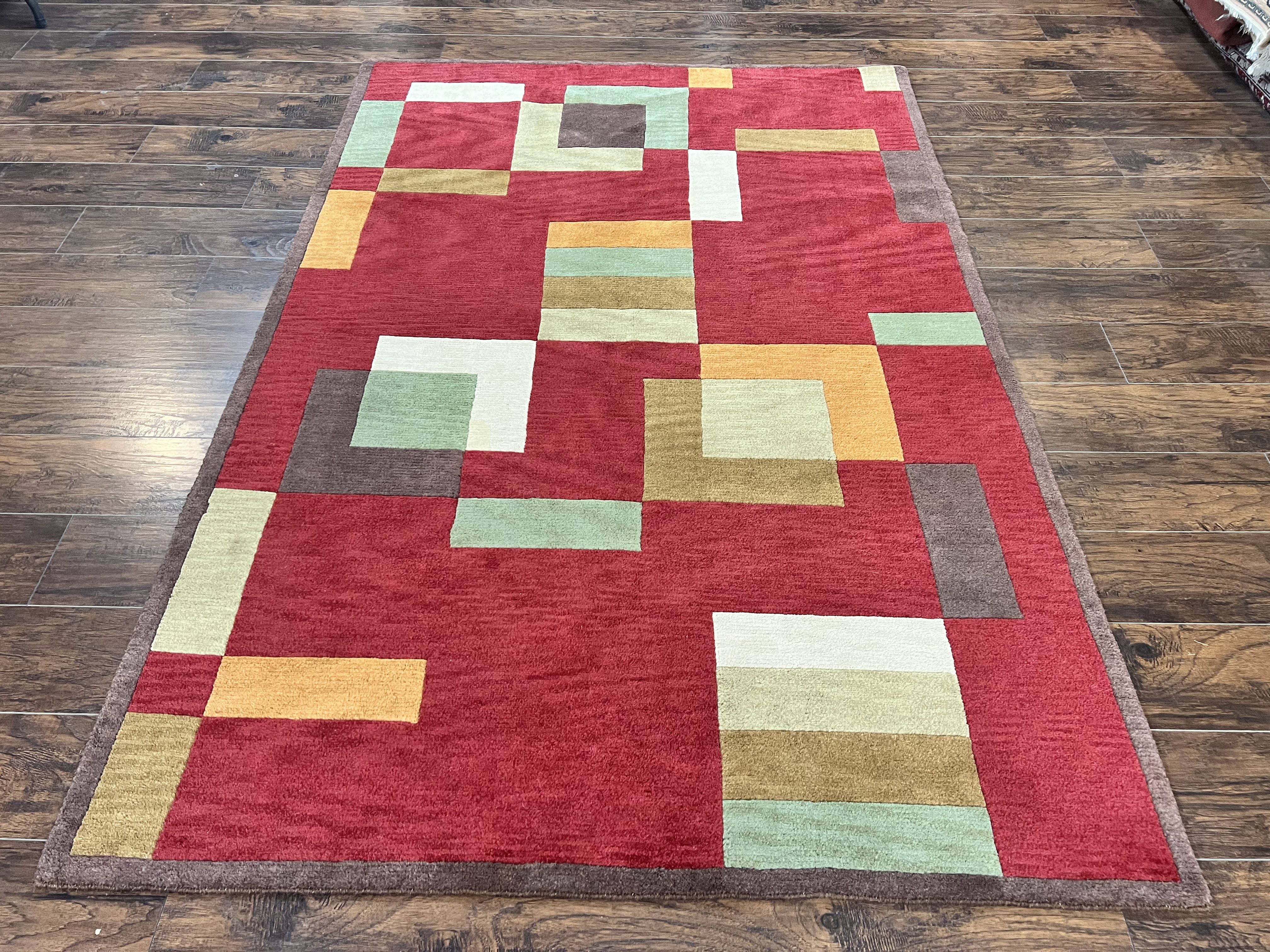 Indo Tibetan Modern Rug 5x8, Abstract Rug 5 x 8 ft, Red Multicolor Wool Handmade Contemporary Area Rug - Jewel Rugs