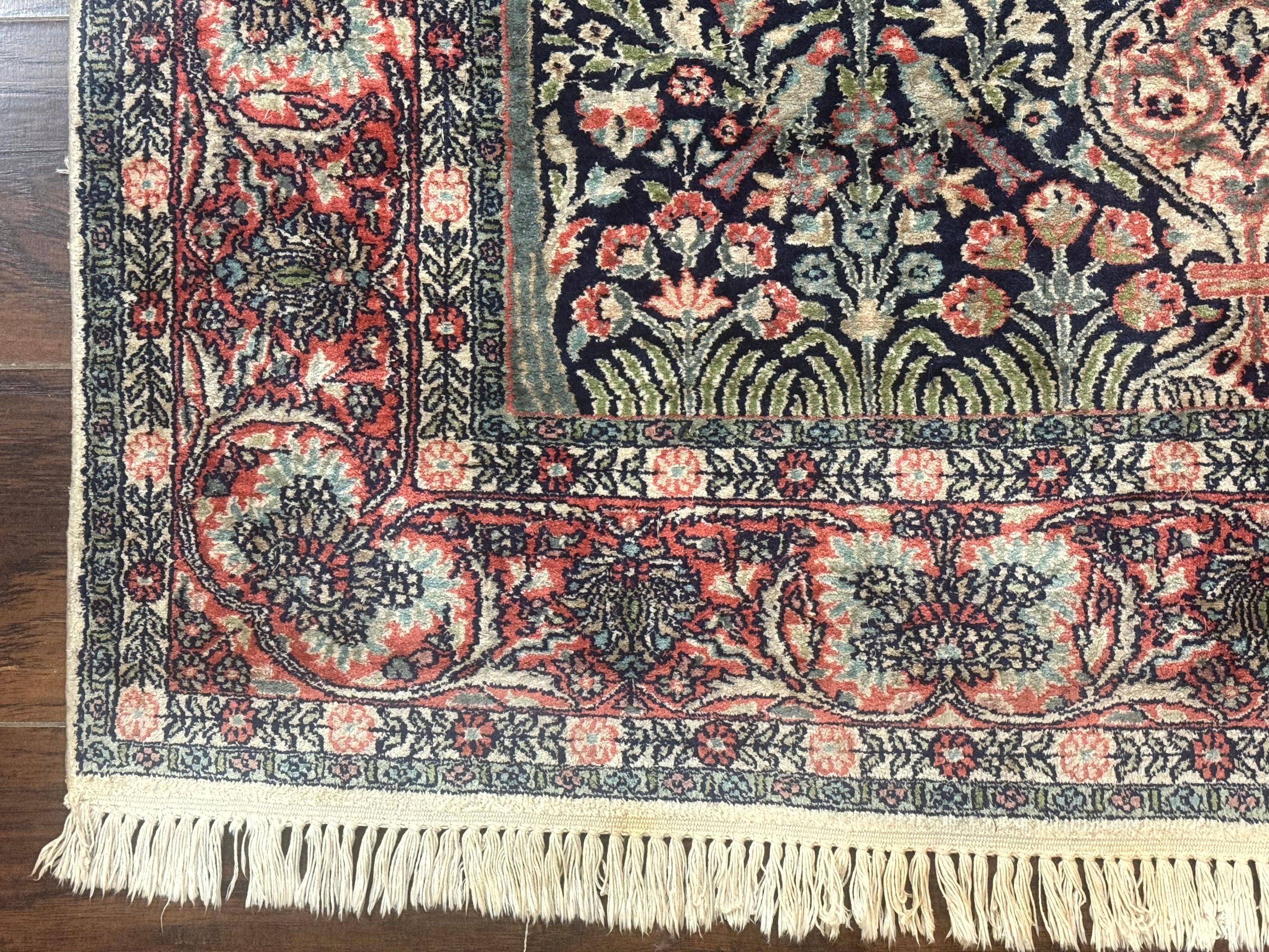 Silk Indian Kashmiri Rug 4x6, Tree of Life Pattern, Birds, Fine 290 KPSI, Navy Blue and Red, Handmade Oriental Carpet - Jewel Rugs