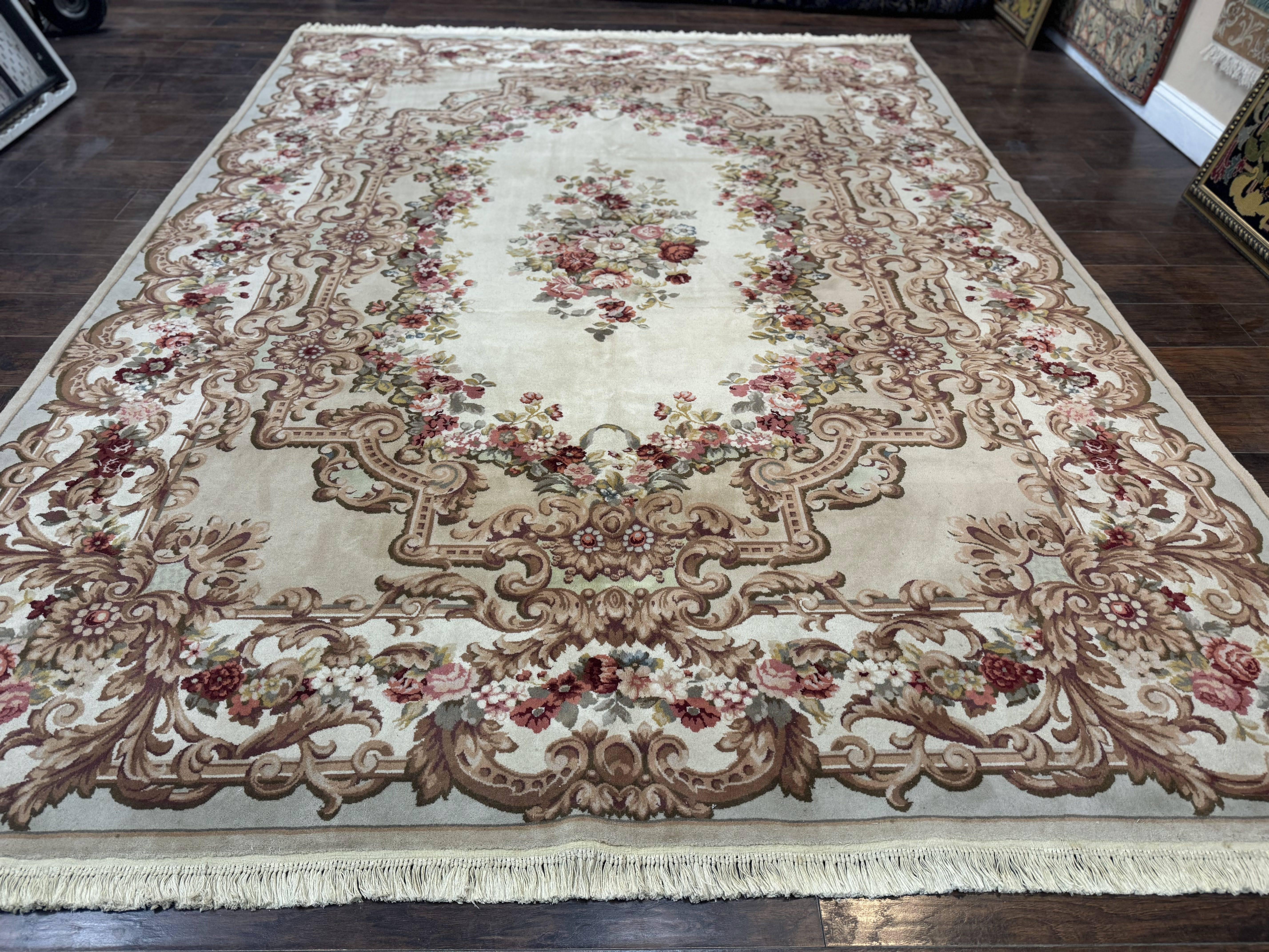 Aubusson Rug 8x12, European French Savonnerie Design, Thick Wool Pile, Elegant Rug, Cream Beige Light Green - Jewel Rugs