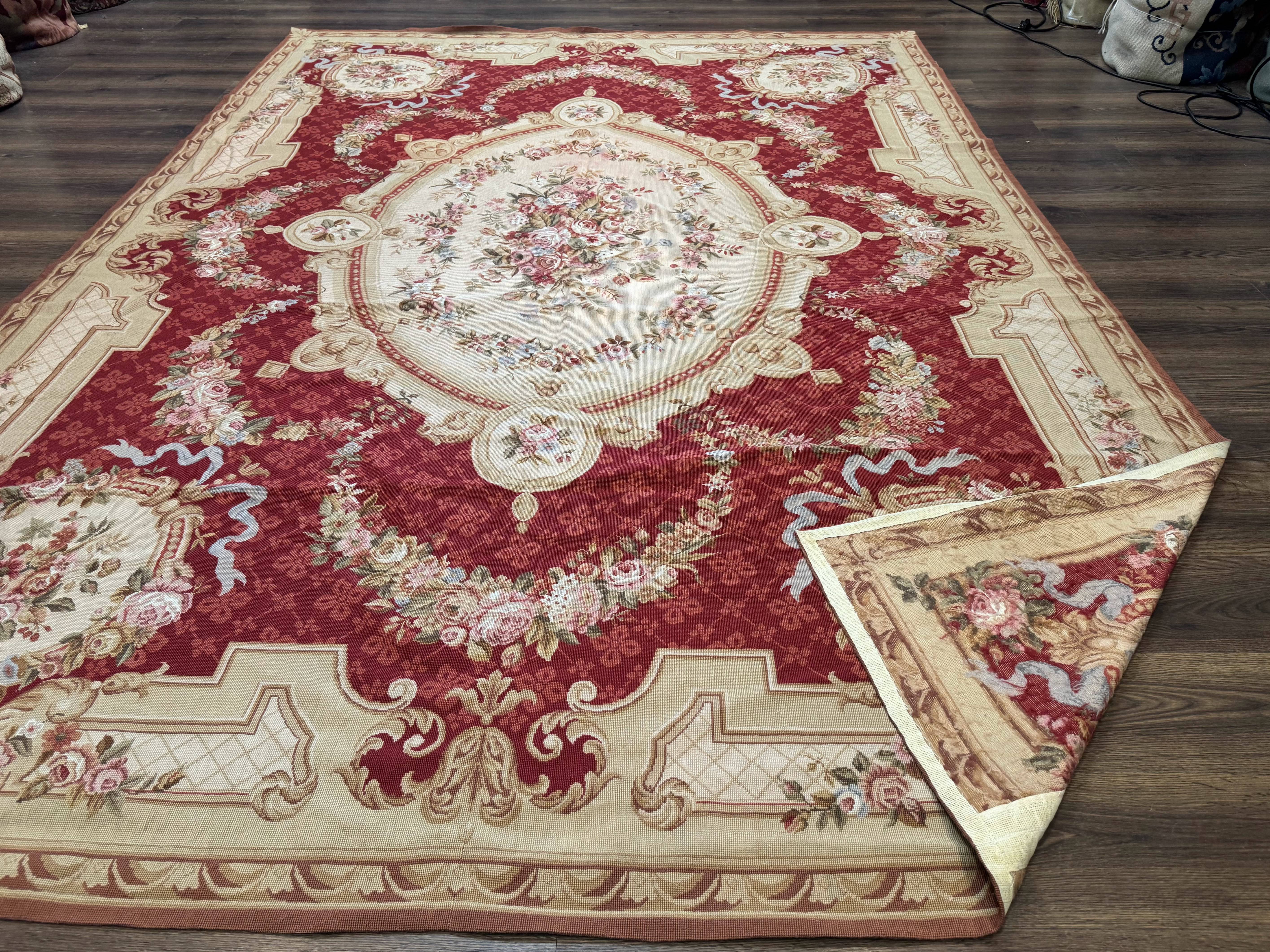 Aubusson Rug 8x11, Needlepoint Carpet, Red Ivory Beige, Vintage, French European Design - Jewel Rugs