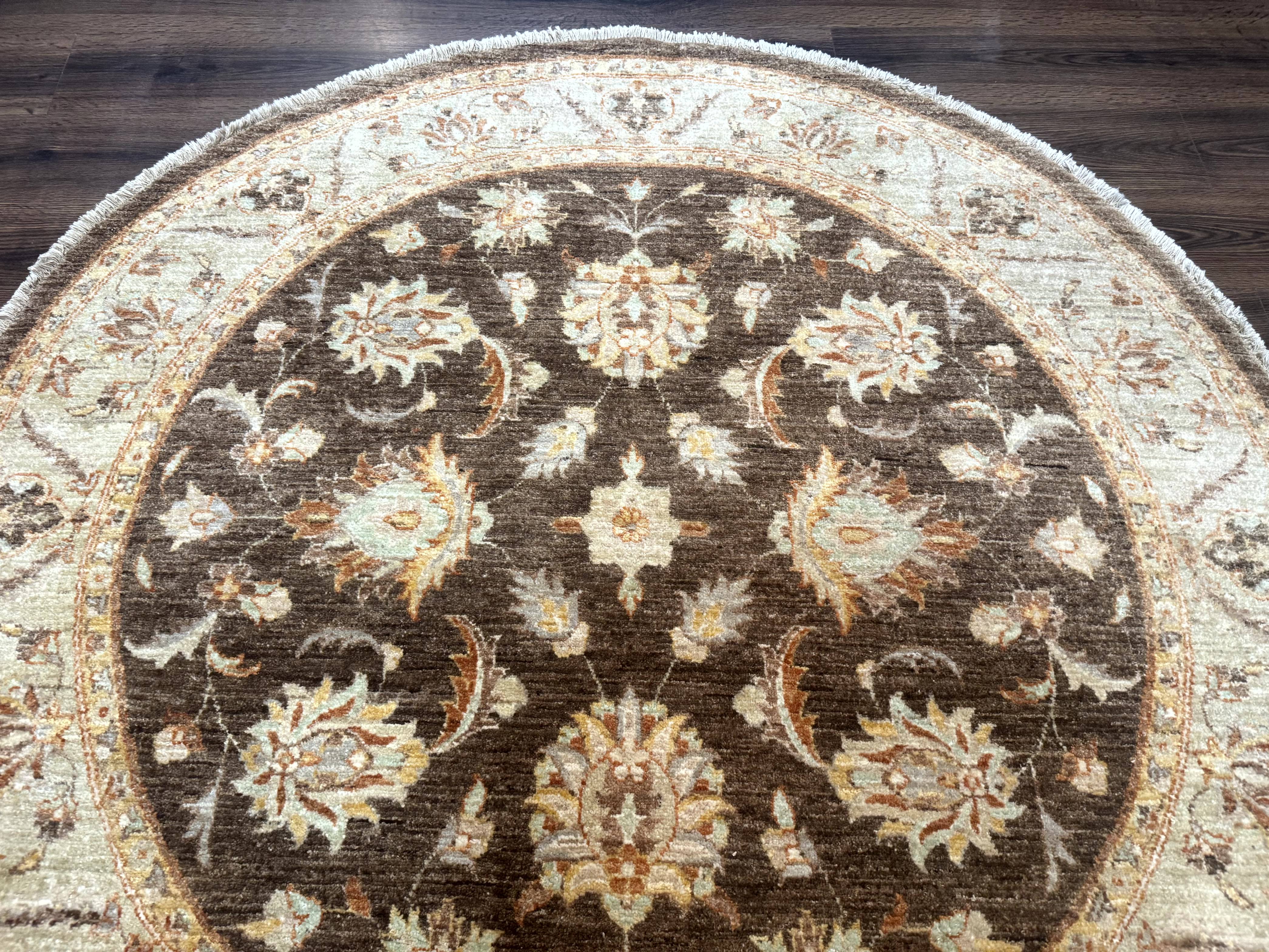 Round Pakistani Rug 6x6, Brown and Beige, Floral, Peshawar Rug, Traditional - Jewel Rugs