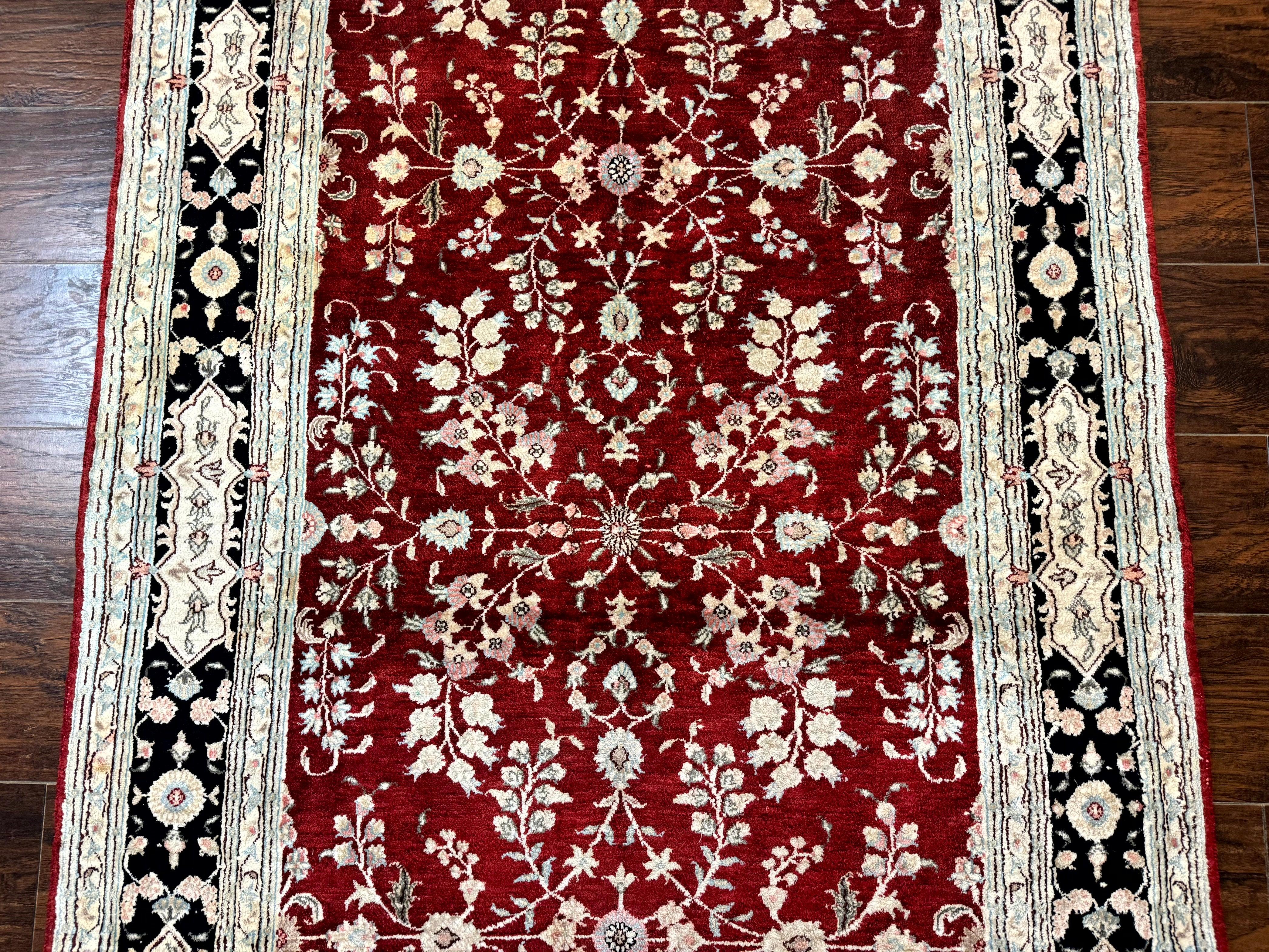 Indian Kashmiri Rug 4x5, Silk on Cotton Area Rug, Red, Handmade - Jewel Rugs