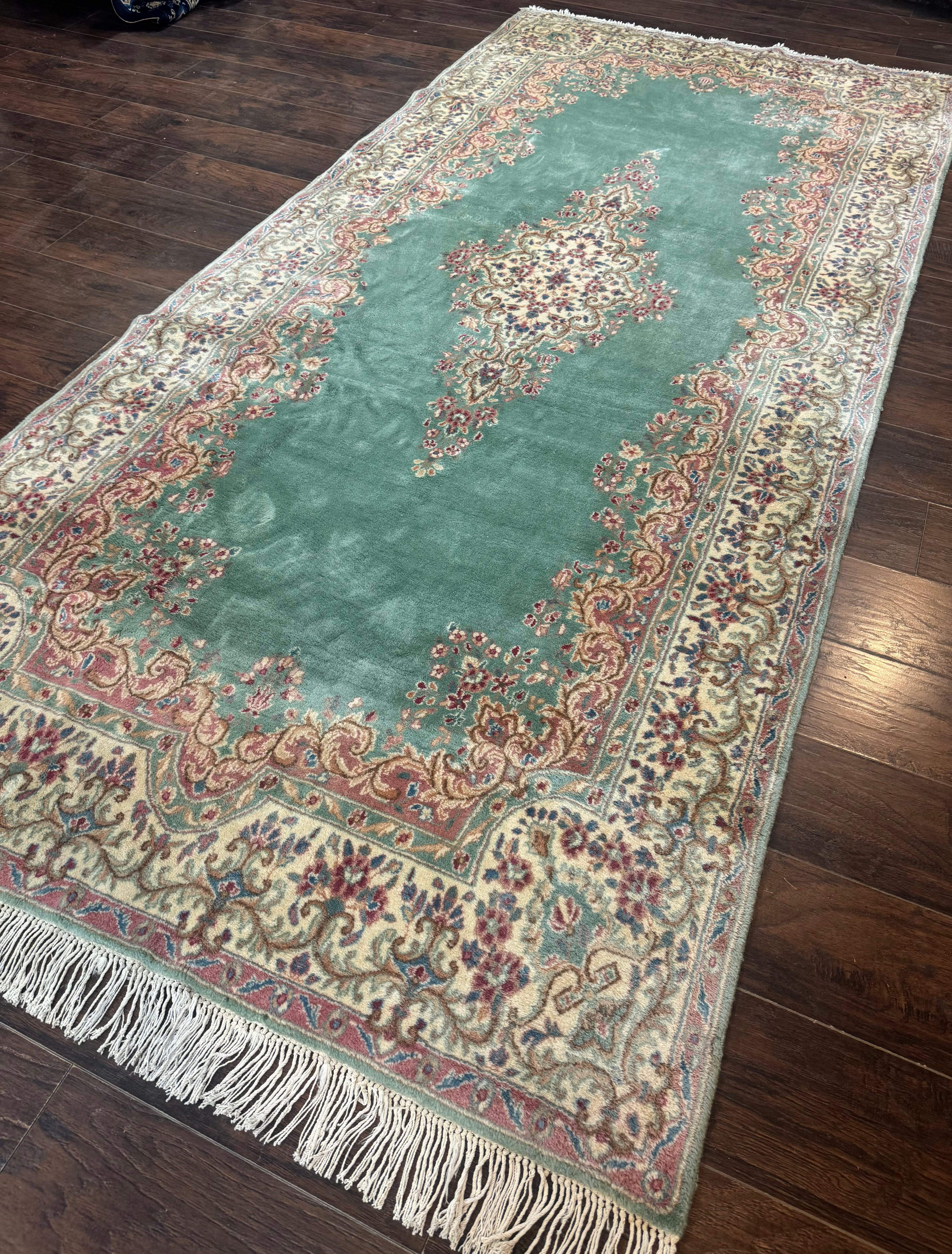 Persian Kerman Wide Runner Rug 5x11 – Seafoam Green and Beige, Wool Vintage Carpet - Jewel Rugs