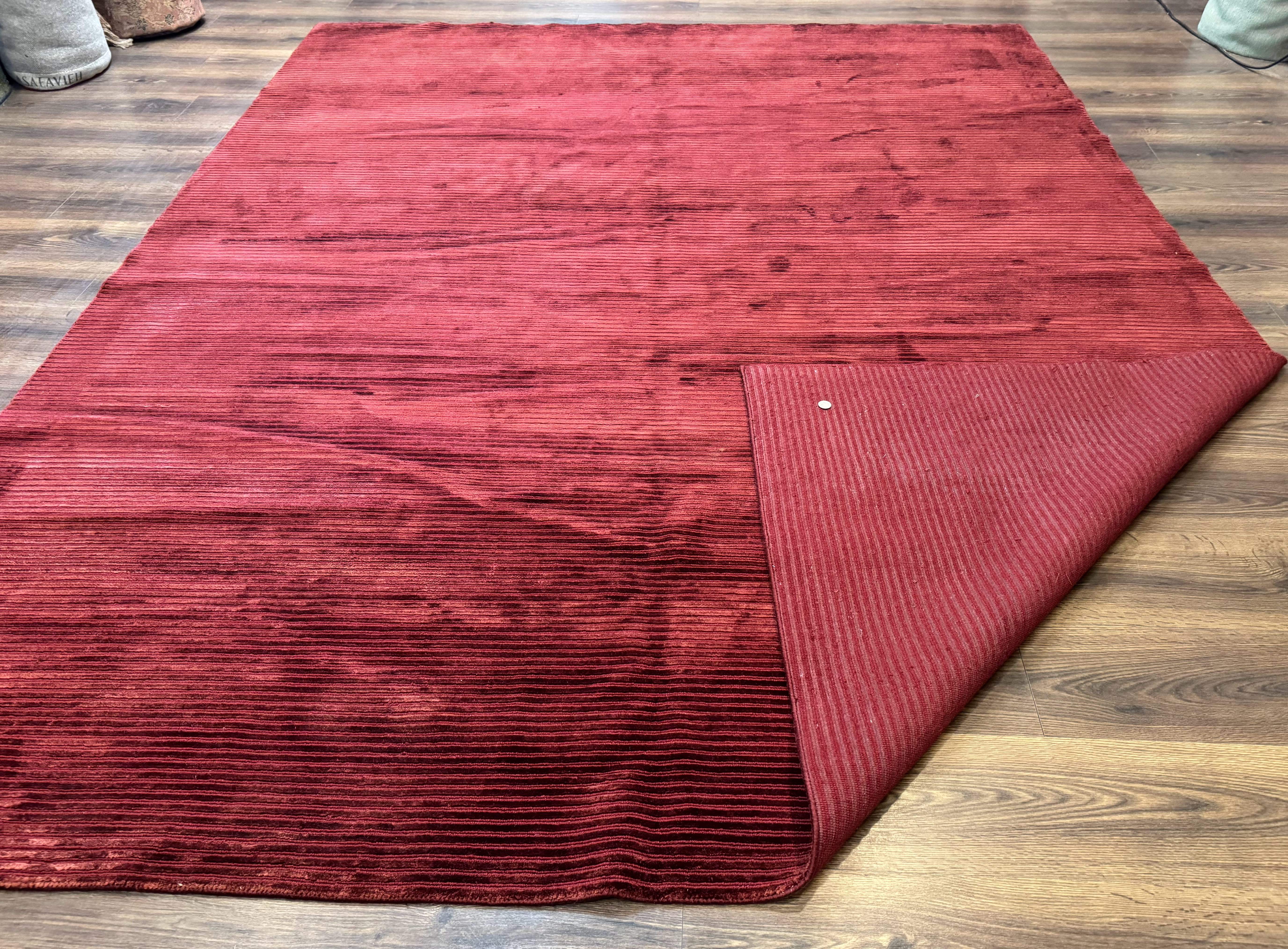 Modern Tibetan Rug 8x10, Red, Stripes, Handmade Wool Thick Pile Carpet - Jewel Rugs