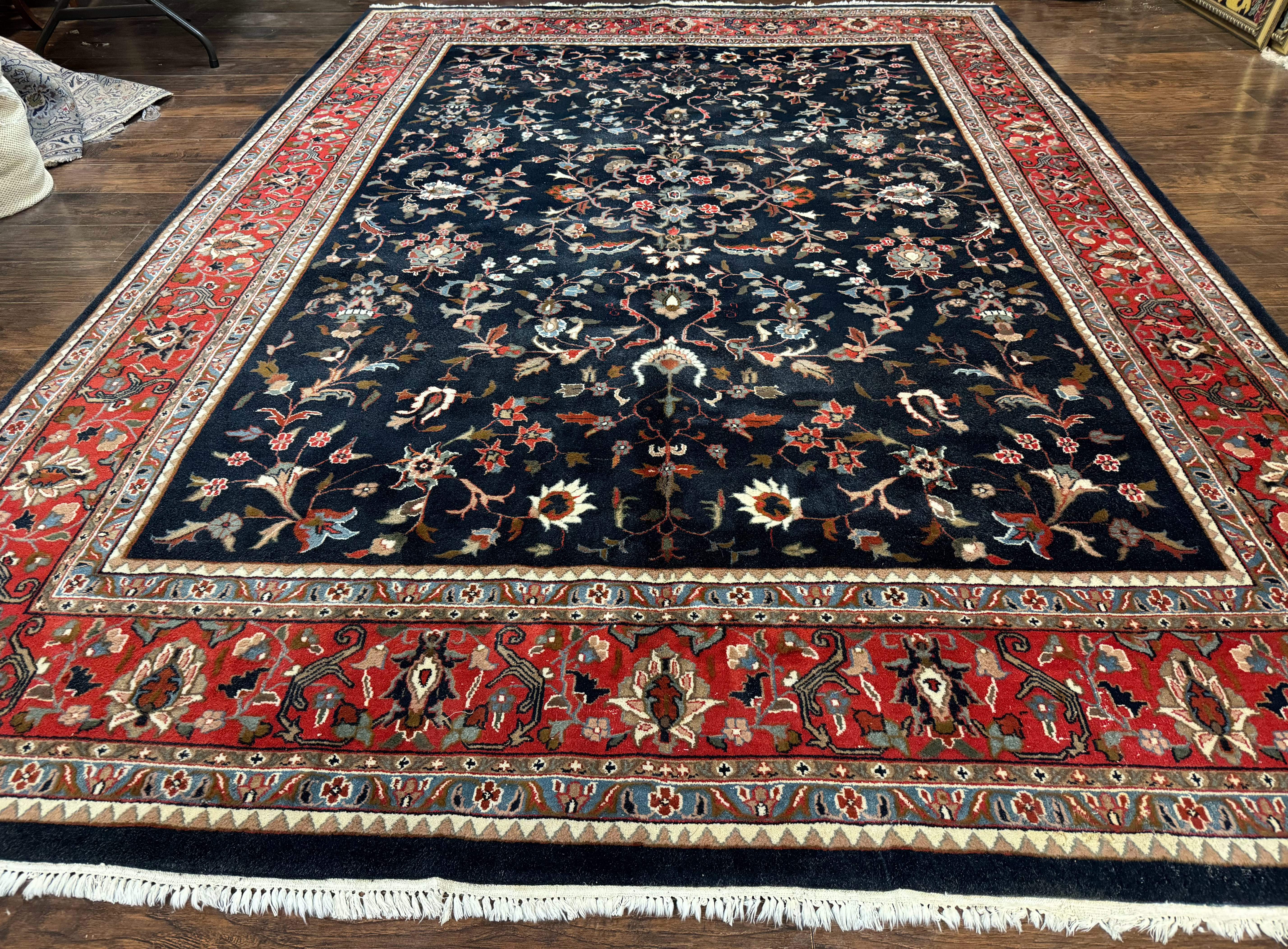 Indo Persian Sarouk Rug 9x12 – Navy and Red, Hand-Knotted Wool Vintage Carpet, Allover Pattern - Jewel Rugs