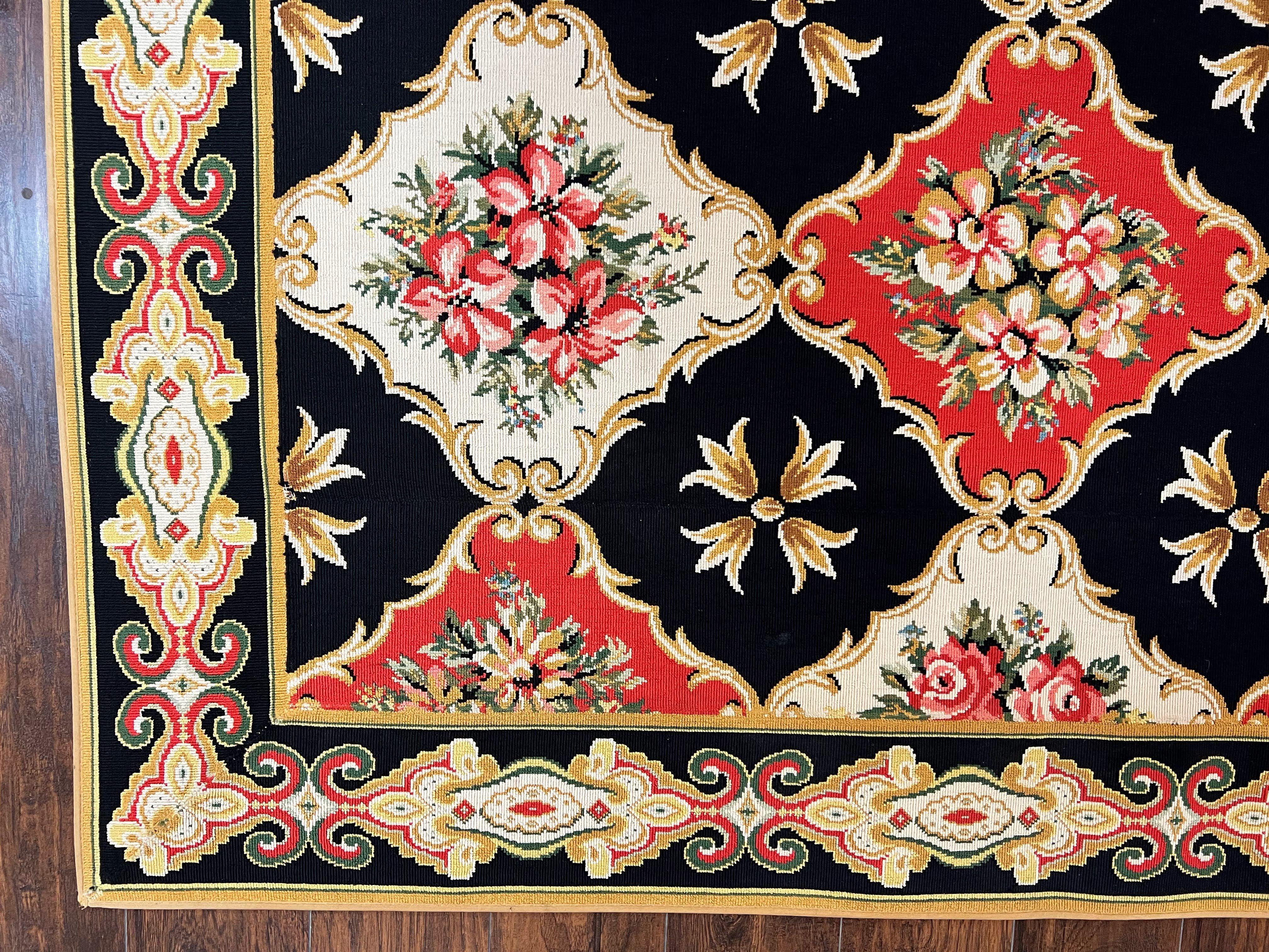 Large Stark Area Rug 9.6 x 11.7, Custom Vintage Stark Carpet, Red Black Ivory, European Design, Panels, Florals - Jewel Rugs