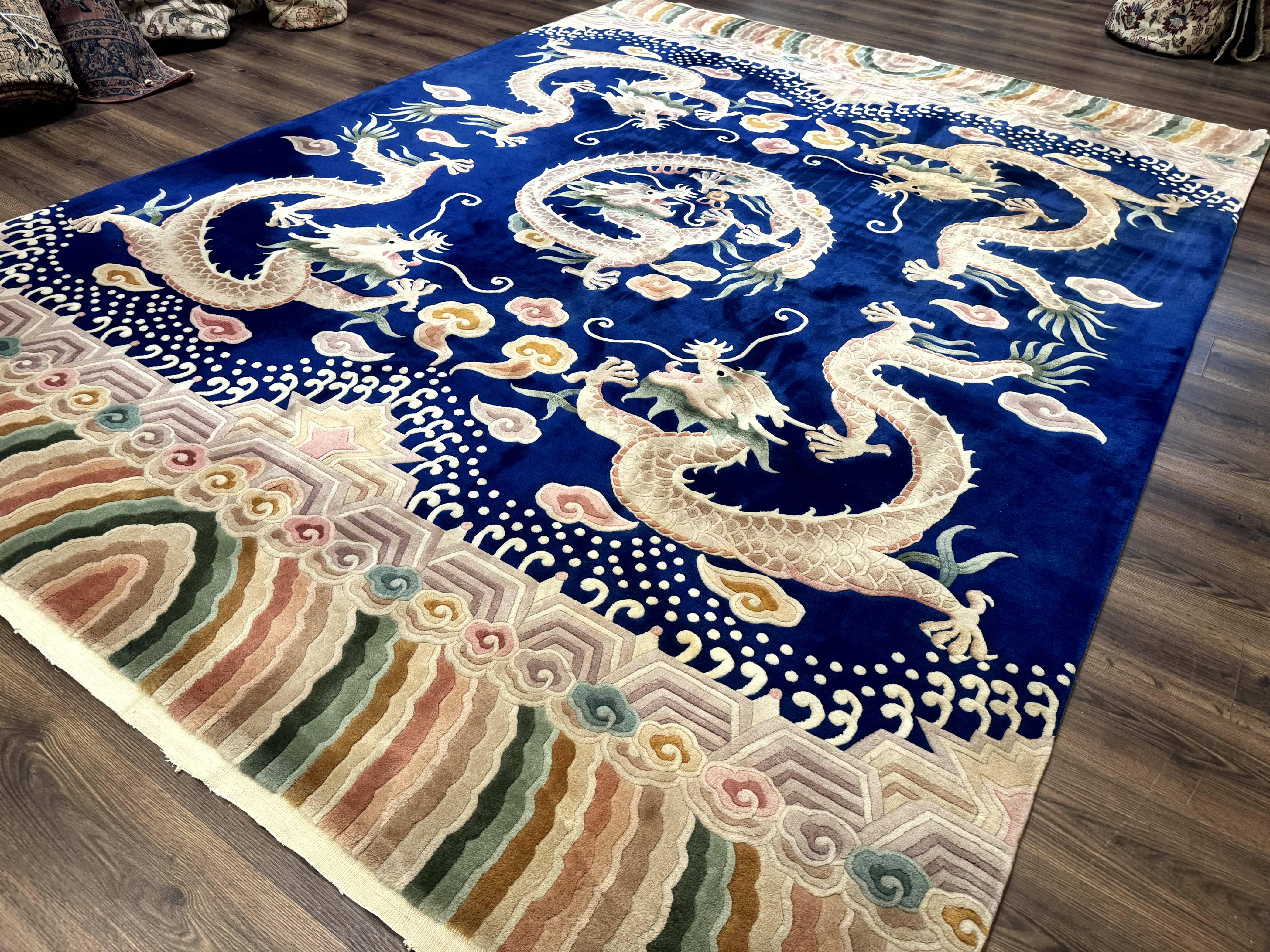 Blue Chinese Rug 9x12, Dragons, Rainbow Border, Art Deco Carpet, Peking Rug, Rare - Jewel Rugs