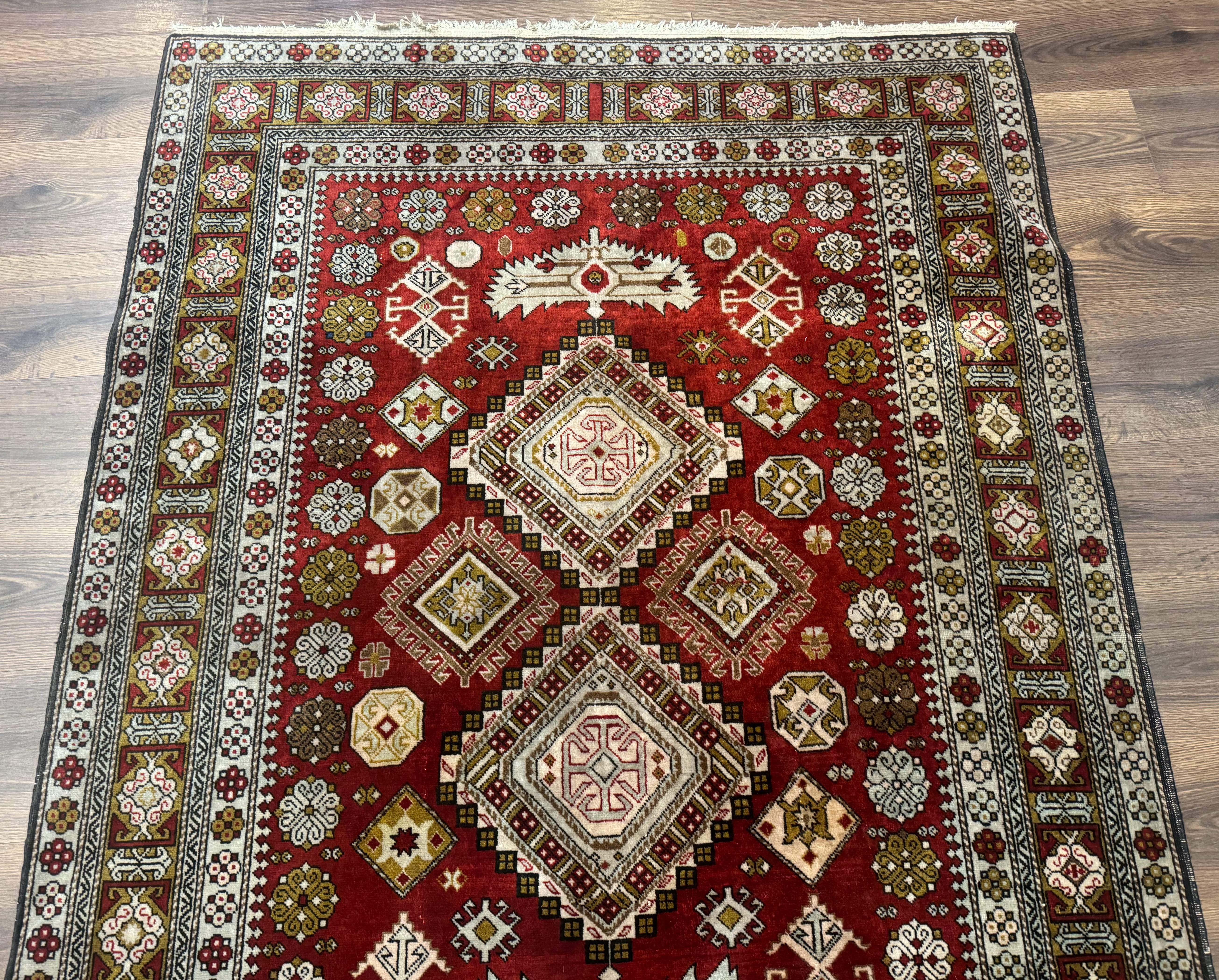 Caucasian Rug 4x6 – Rust Red, Hand-Knotted Wool Shirvan Carpet, Geometric Medallions - Jewel Rugs