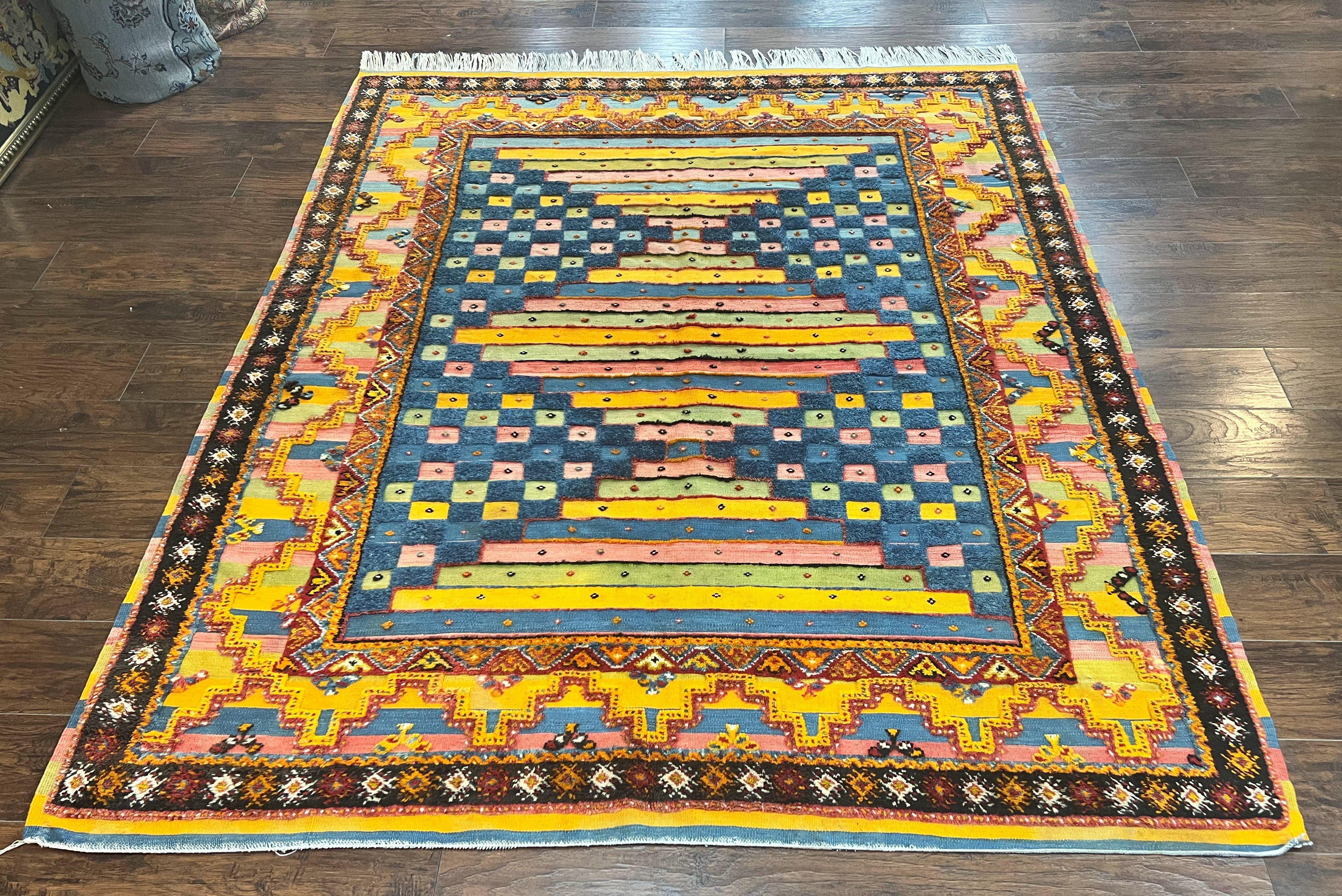 Colorful Moroccan Rug 7x8, Abstract Design, Wool Multicolor Handmade Vintage Carpet, Tribal Rug, Berber Rug - Jewel Rugs