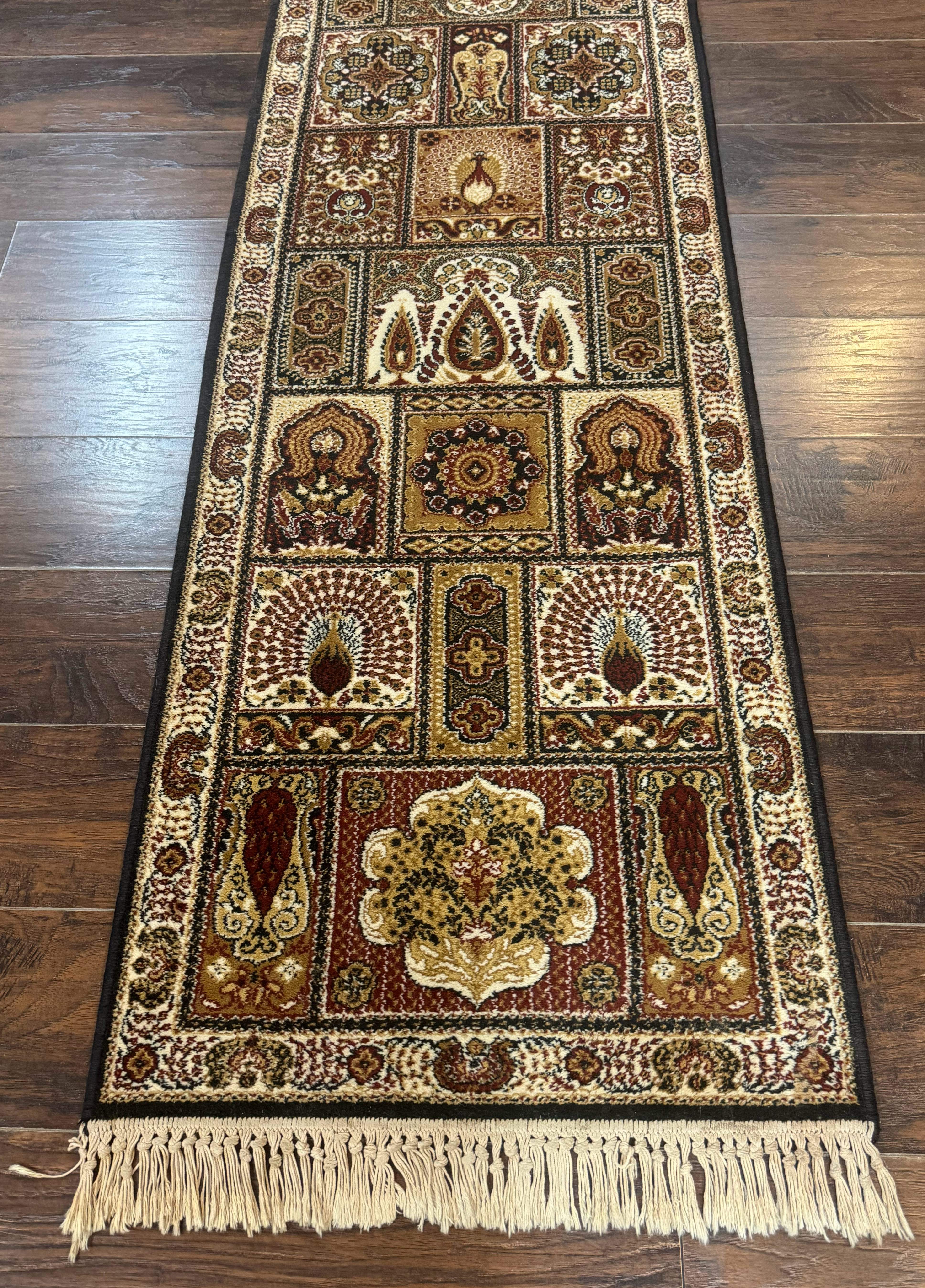 Couristan Runner Rug 2x9, Panel Design, Peacocks, Belgium Power Loomed, Wool Runner - Jewel Rugs