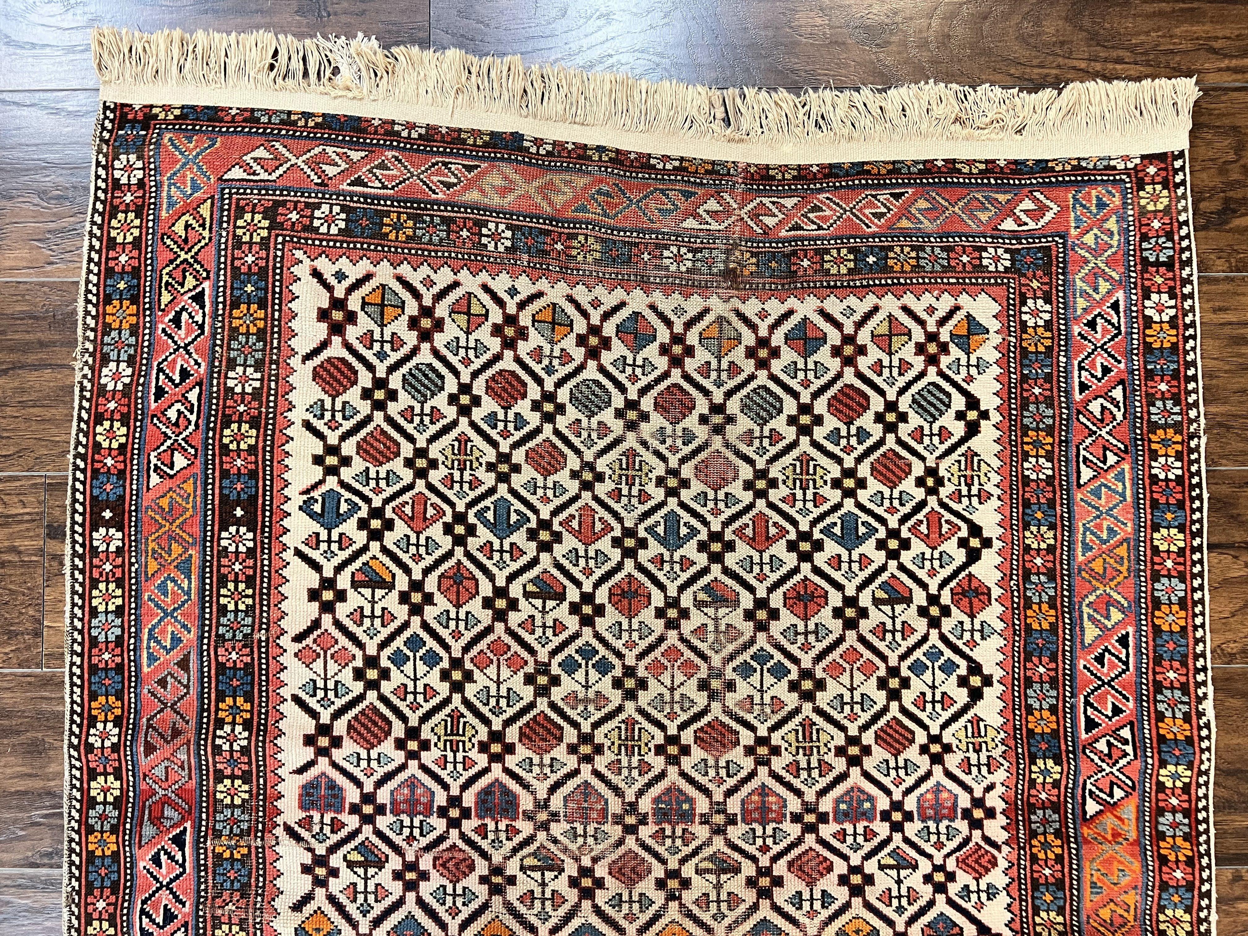 Antique Caucasian Rug 4x5, Hand Knotted Handmade Shirvan Oriental Carpet, Ivory Red Rug Allover Pattern, Rare Wool Rug, Tribal Geometric Rug - Jewel Rugs