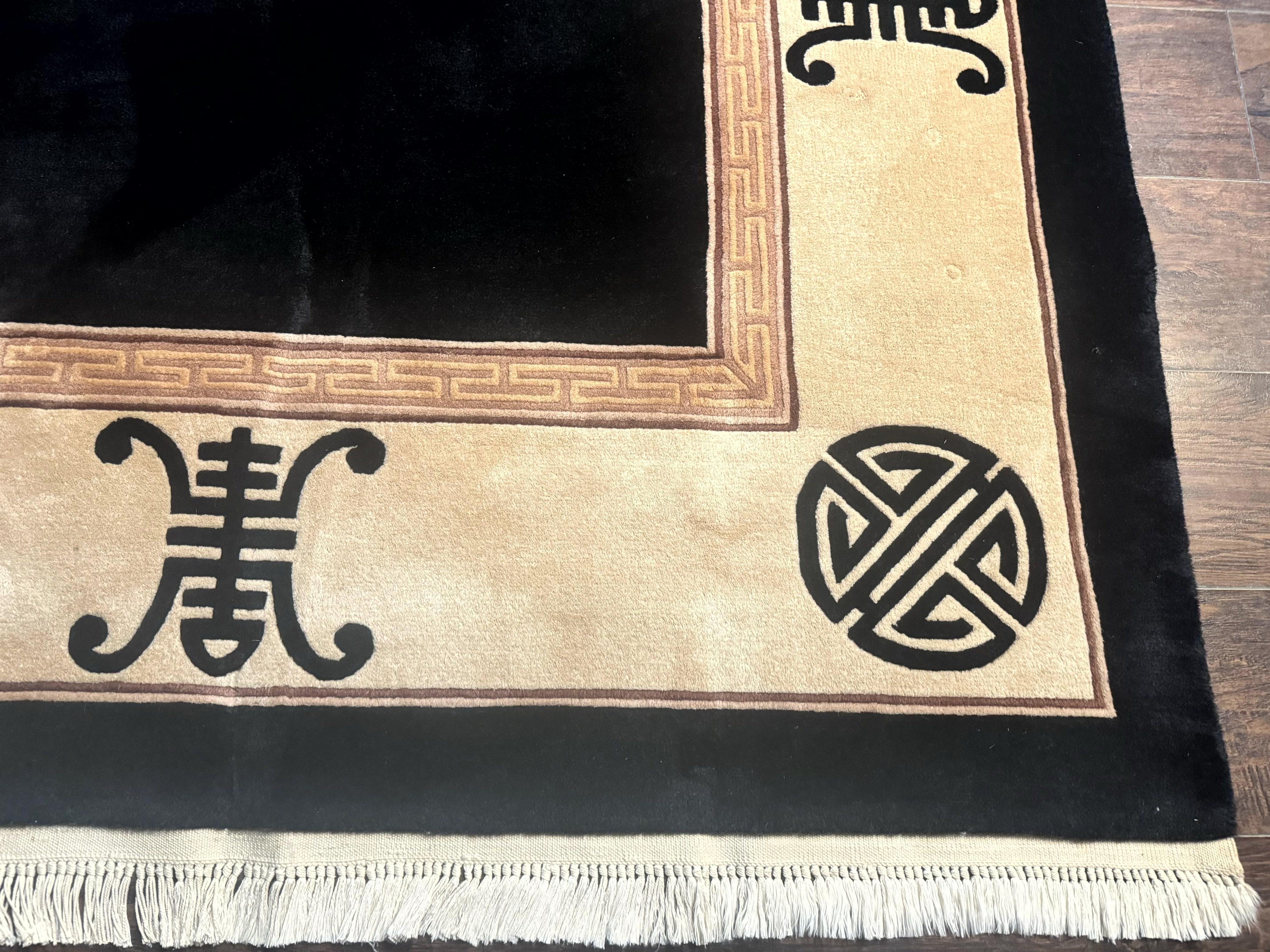 Black Chinese Wool Rug 9x12, Vintage Asian Oriental Carpet, Open Field Simple Design, Black and Beige - Jewel Rugs