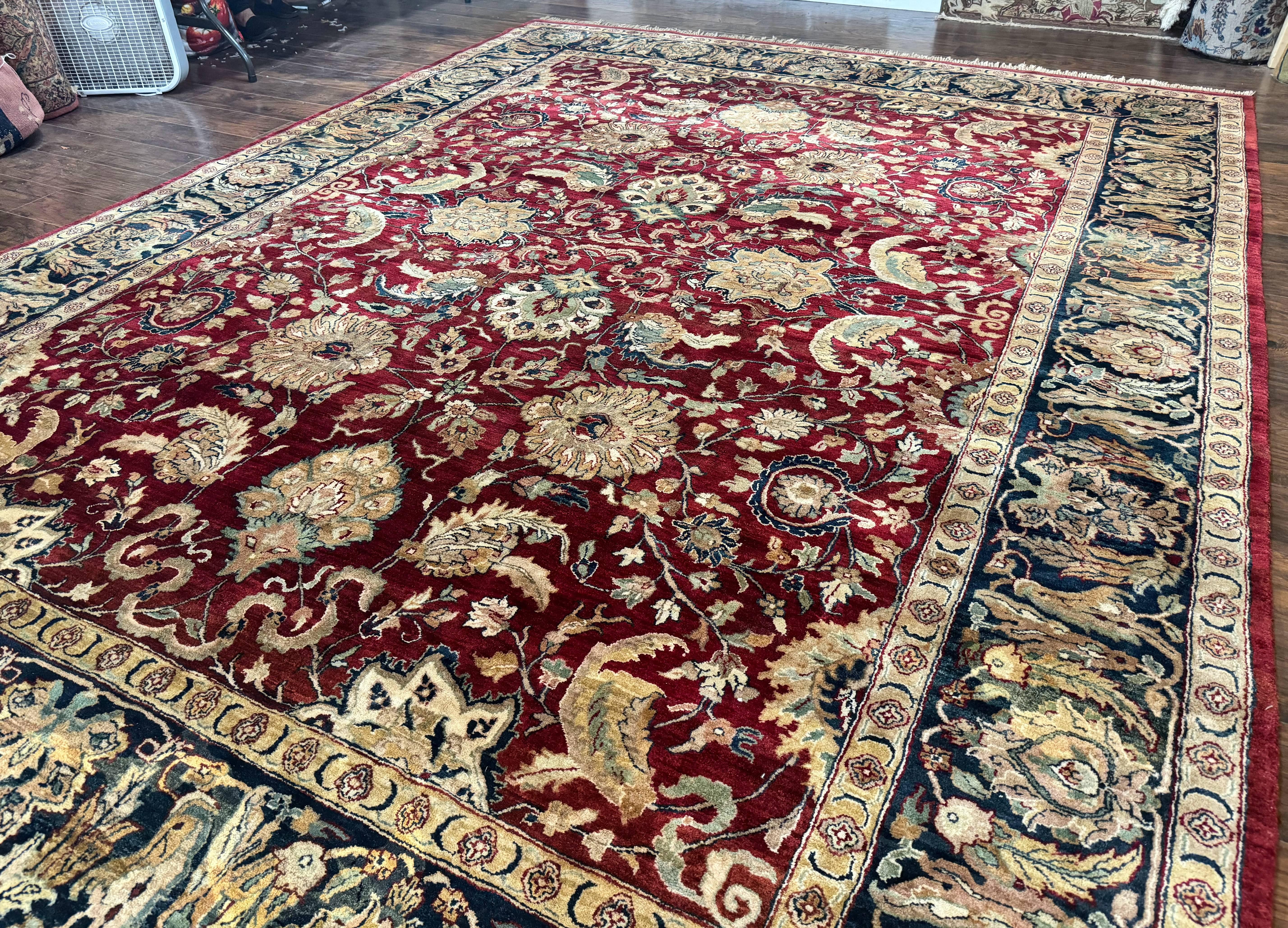 Indo Persian Rug 10x14, Indian Agra Carpet, Vintage Handmade Wool Large Traditional Rug, Dark Red Navy Blue Beige - Jewel Rugs