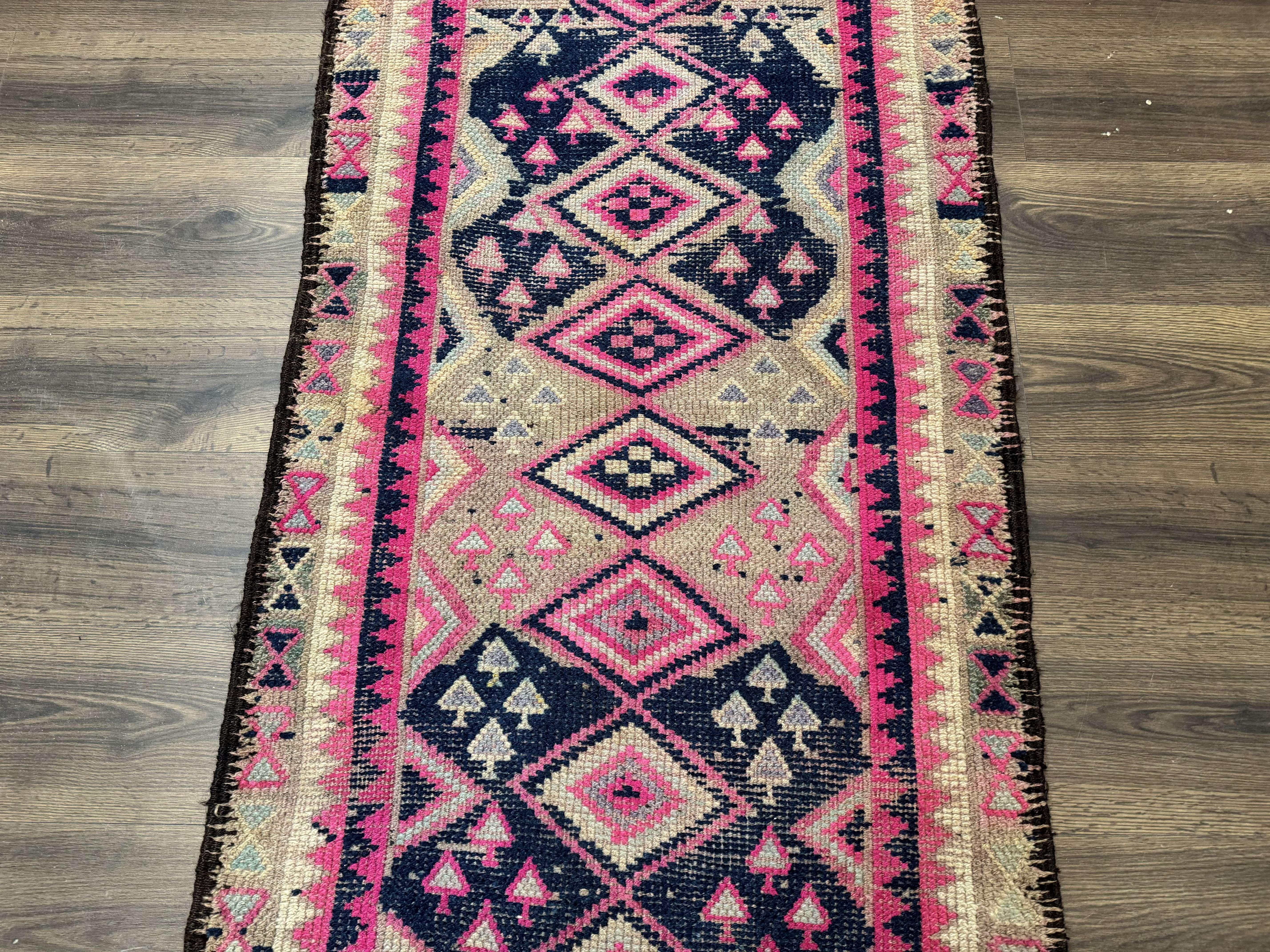 Turkish Runner Rug 3x10, Pink and Navy Blue, Bohemian Runner for Hallway or Kitchen, Vintage, Geometric, Tribal - Jewel Rugs