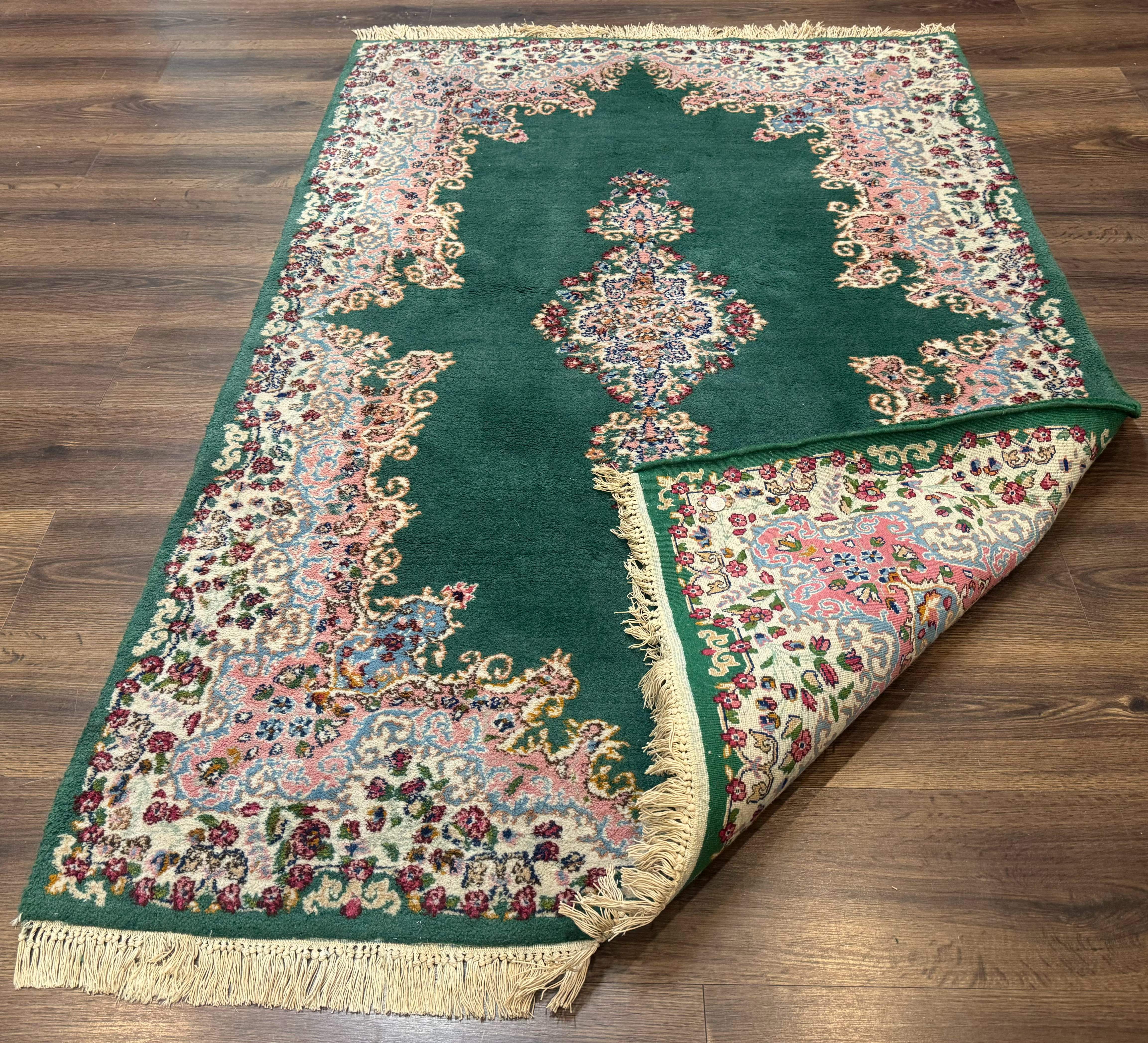 Persian Kerman Rug 4x6, Green Ivory Pink, Wool Vintage, Semi Open Field - Jewel Rugs