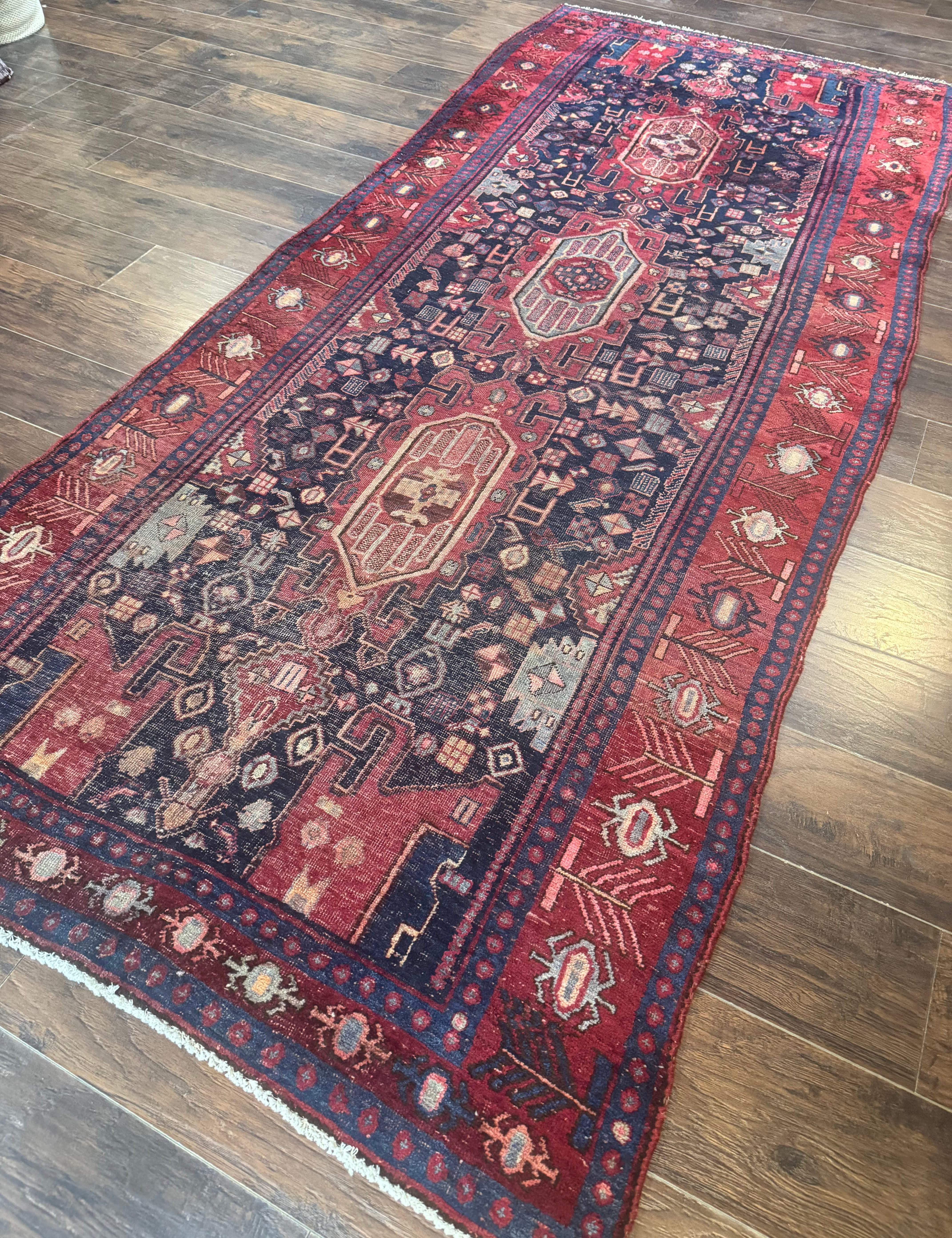 Persian Kurdish Bidjar Runner Rug 4x10 – Navy and Red, Wool Antique Tribal Carpet - Jewel Rugs
