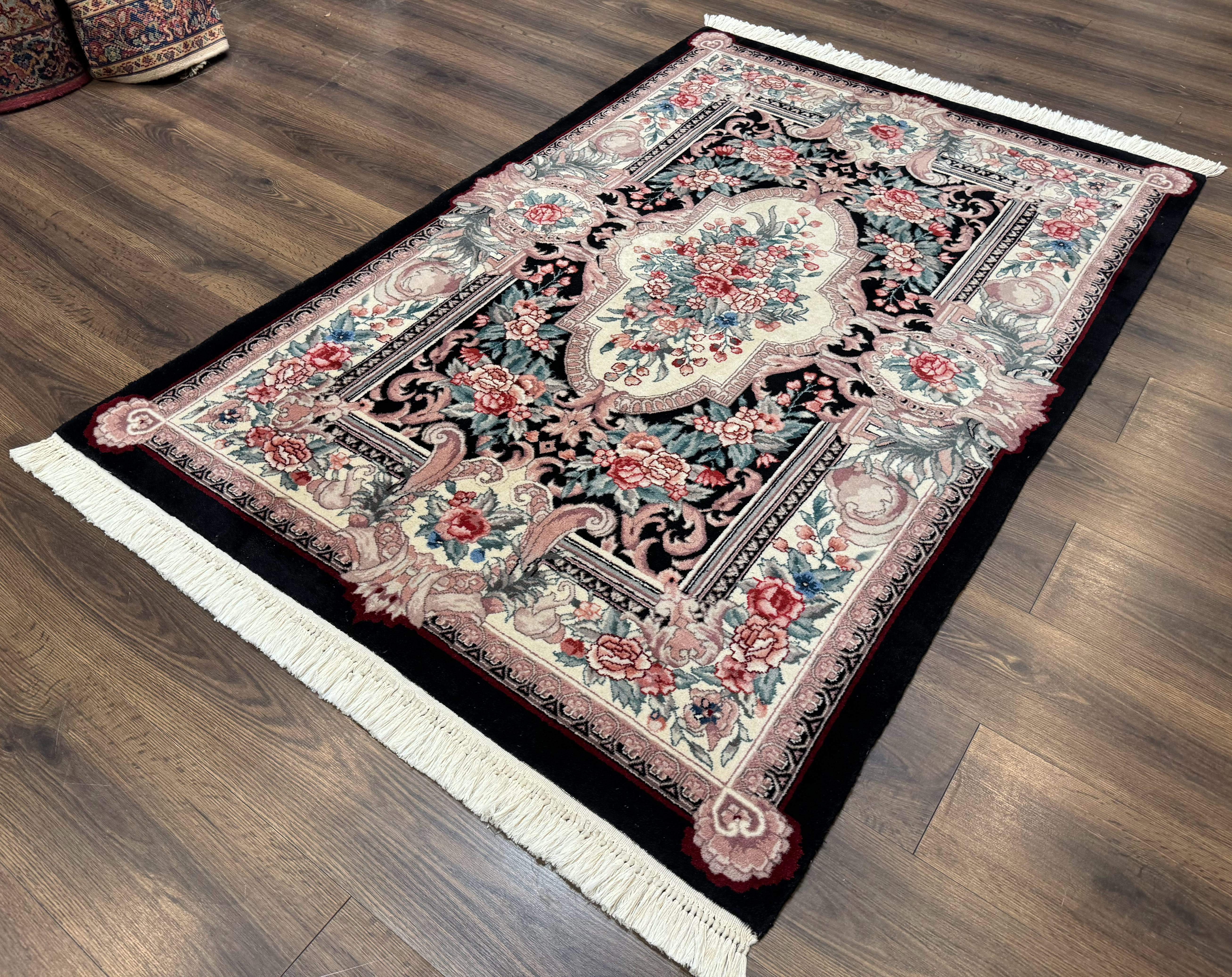 Aubusson Rug 4x6, Elegant European Floral Design, Black and Ivory, Fine 200 KPSI - Jewel Rugs