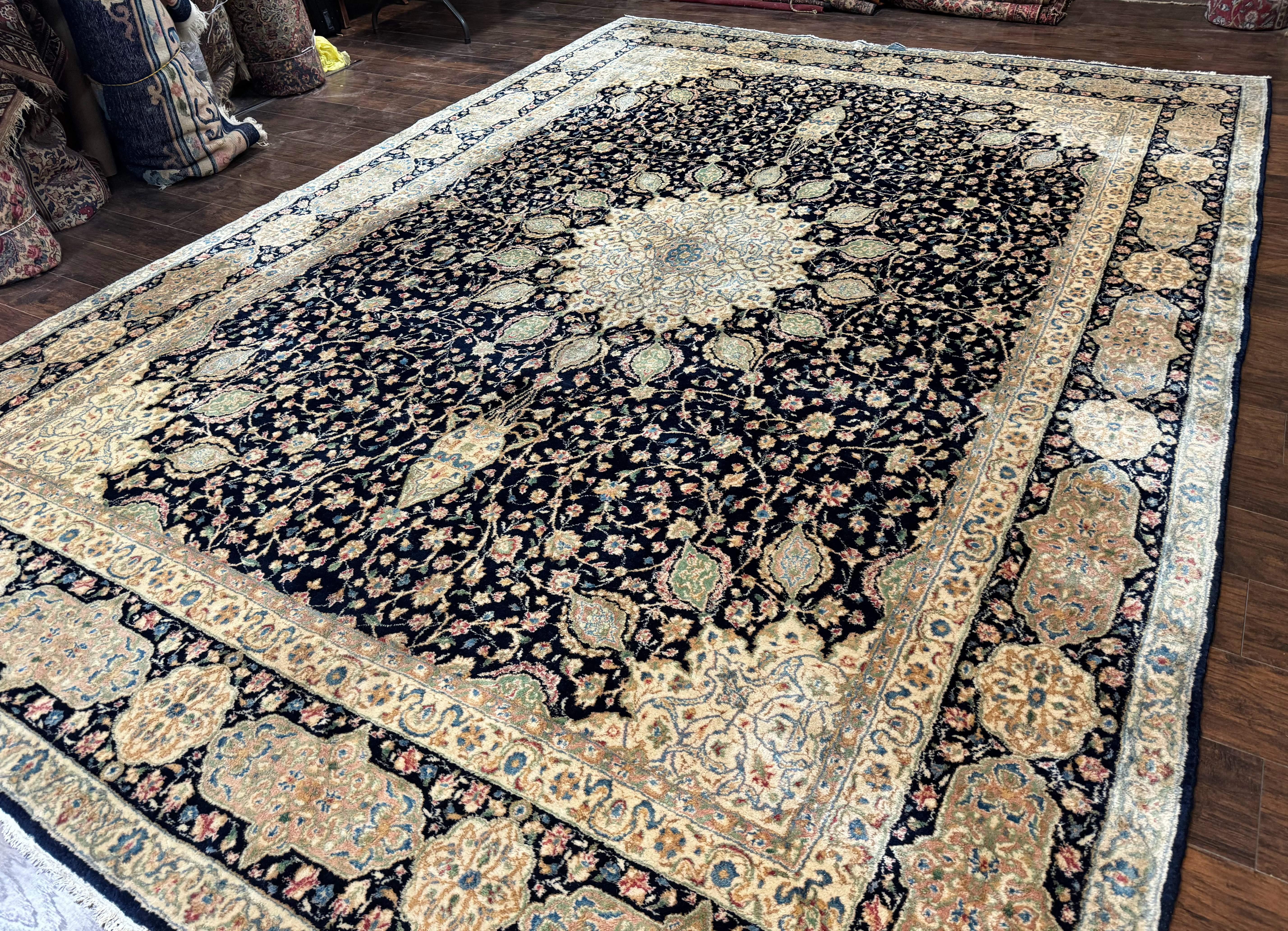 Large Persian Kerman Rug 10x14, Navy Blue and Beige, Floral Medallion, Traditional Elegant Persian Carpet, Signed by Masterweaver - Jewel Rugs