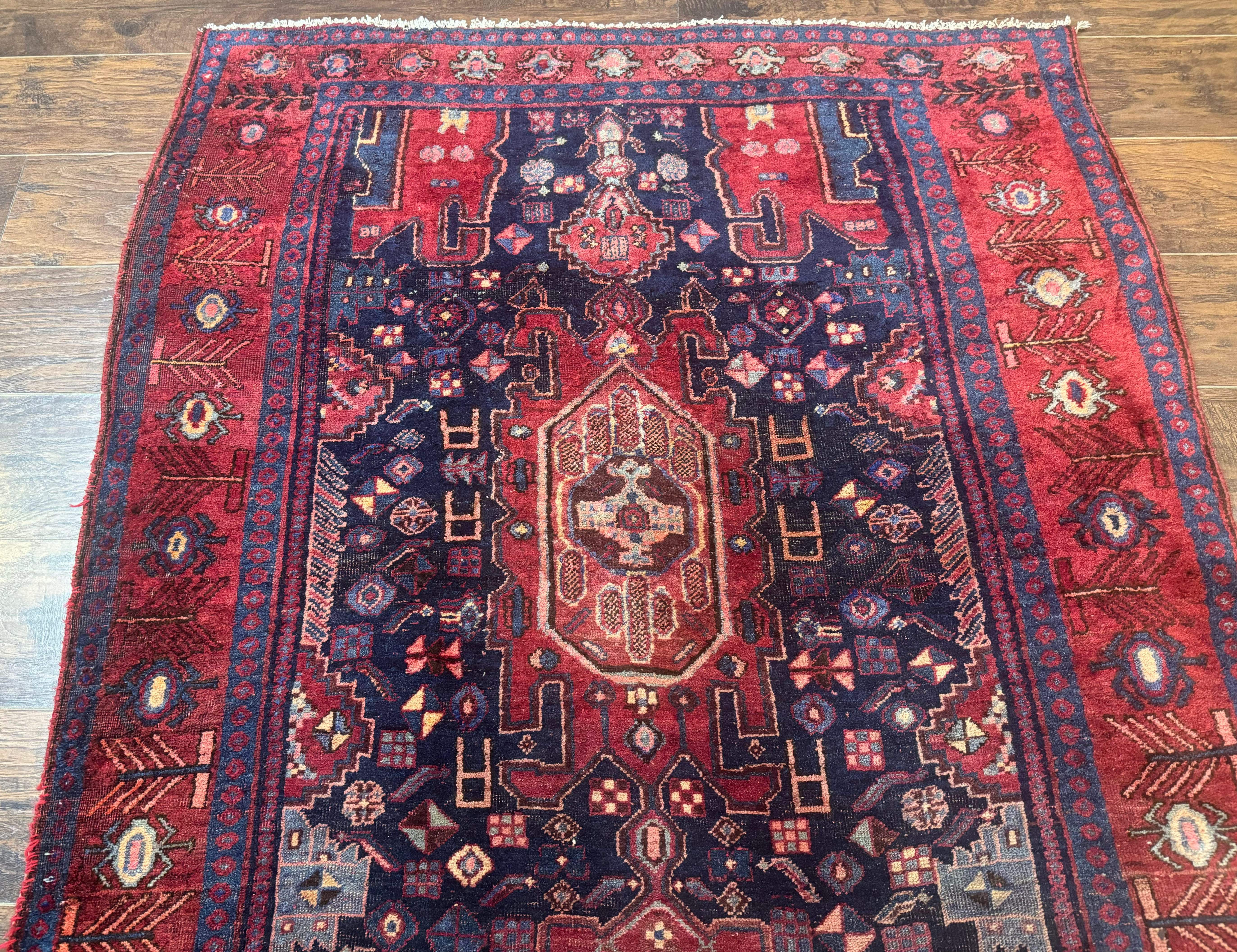 Persian Kurdish Bidjar Runner Rug 4x10 – Navy and Red, Wool Antique Tribal Carpet - Jewel Rugs