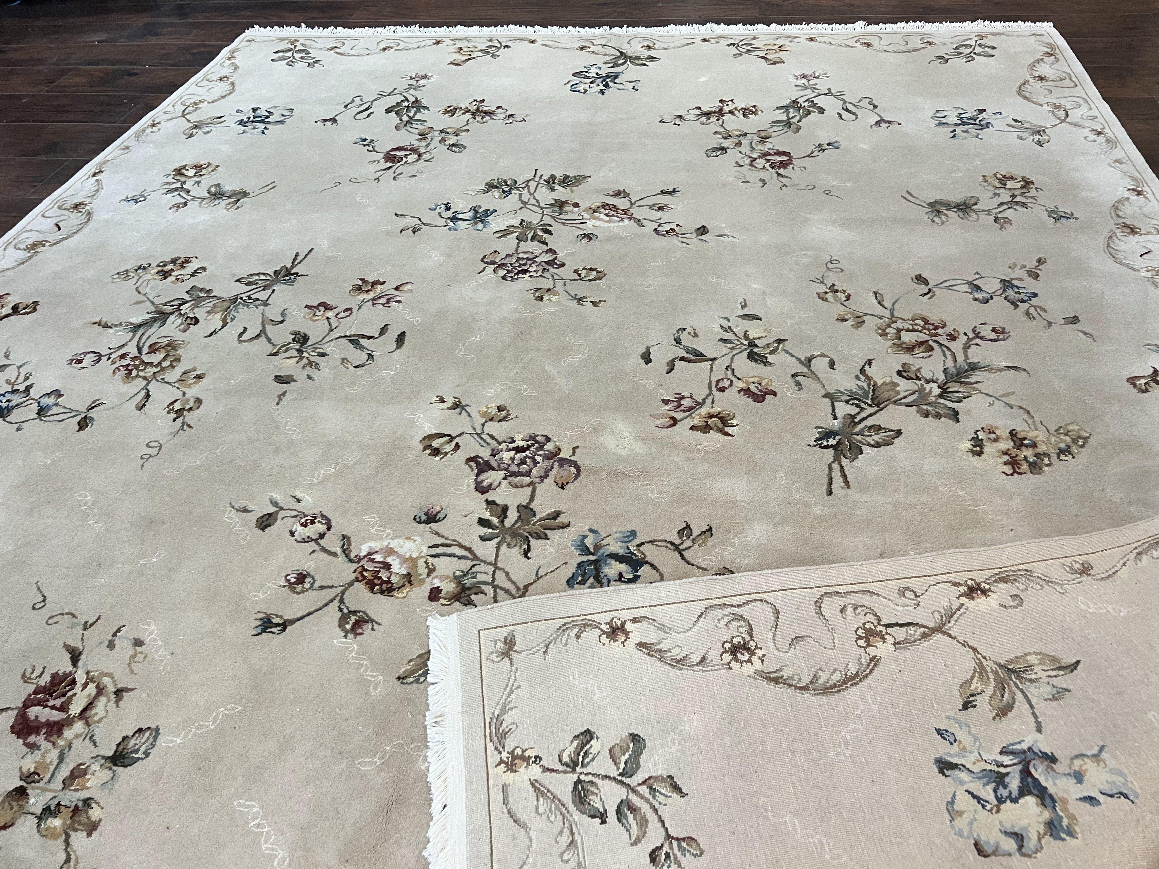 Chinese 120 Line Rug 8x10, Chinese Aubusson Wool & Silk Highlights Handmade Vintage Carpet, Beige Fine Weave Rug, Floral European Design - Jewel Rugs